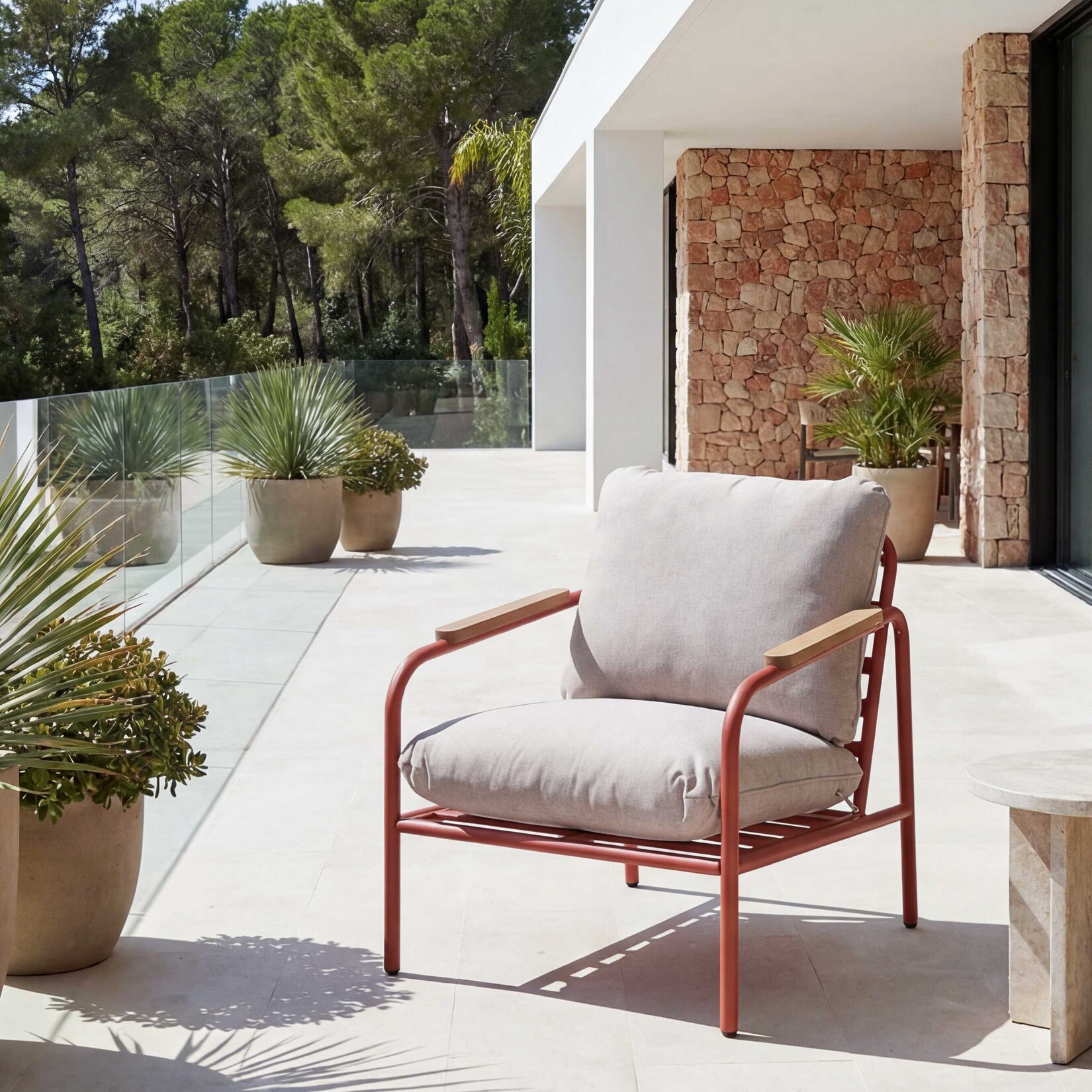 Aluminium-Gartensessel -O11, Outdoor Stuhl Gartenstuhl, Olefin Stoff/Textil (/m²) ~ terrakotta Polster beige