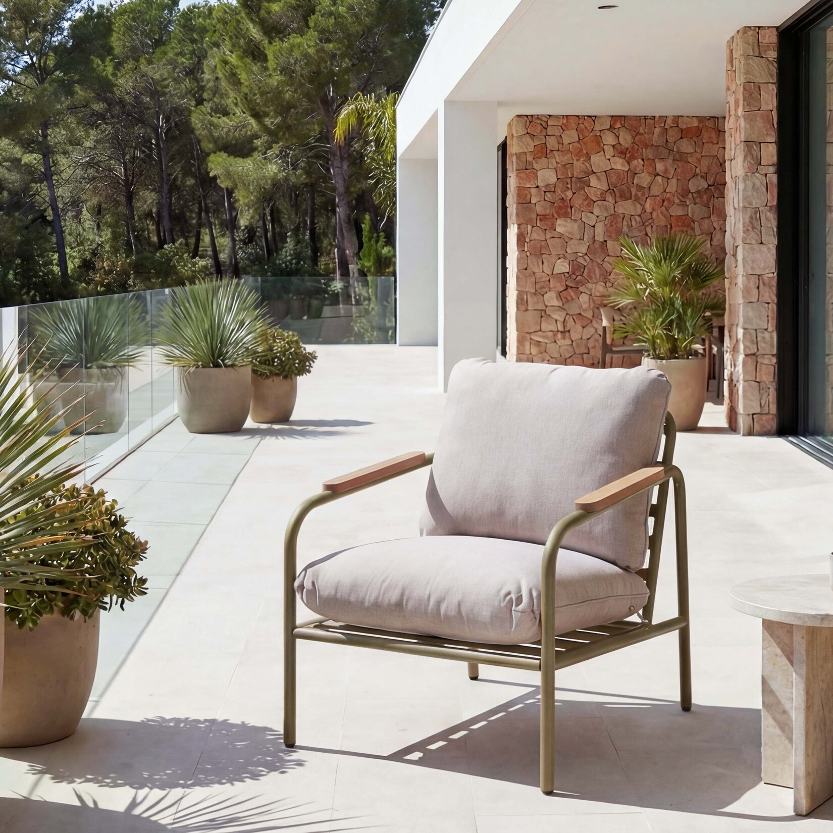 Aluminium-Gartensessel -O11, Outdoor Stuhl Gartenstuhl, Olefin Stoff/Textil (/m²) ~ hellgrün Polster beige
