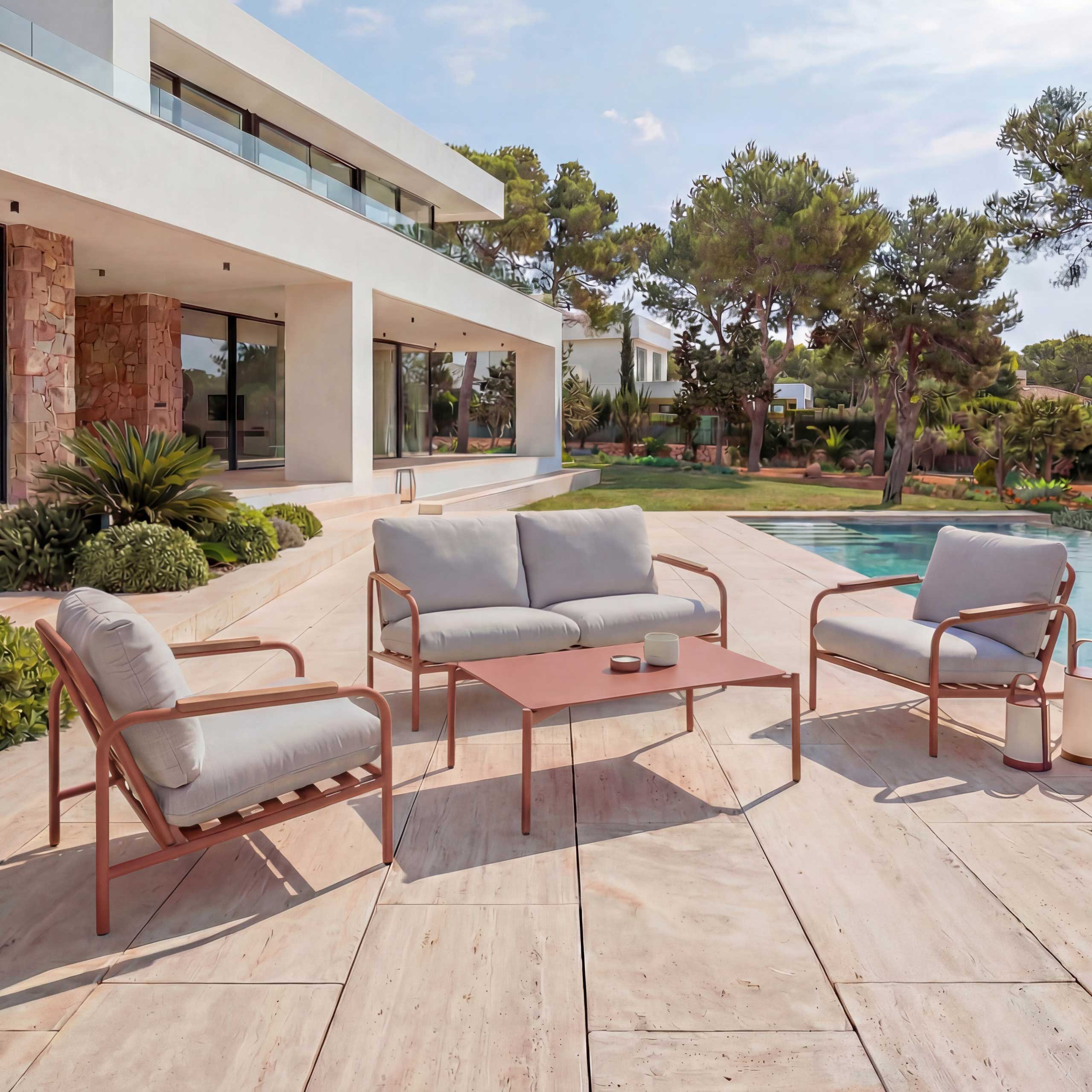 Aluminium-Gartengarnitur MCW-O11, Outdoor 2-Sitzer Sitzbank Sessel Sofa, Olefin (205 g/m&sup2;) ~ terrakotta Polster beige 