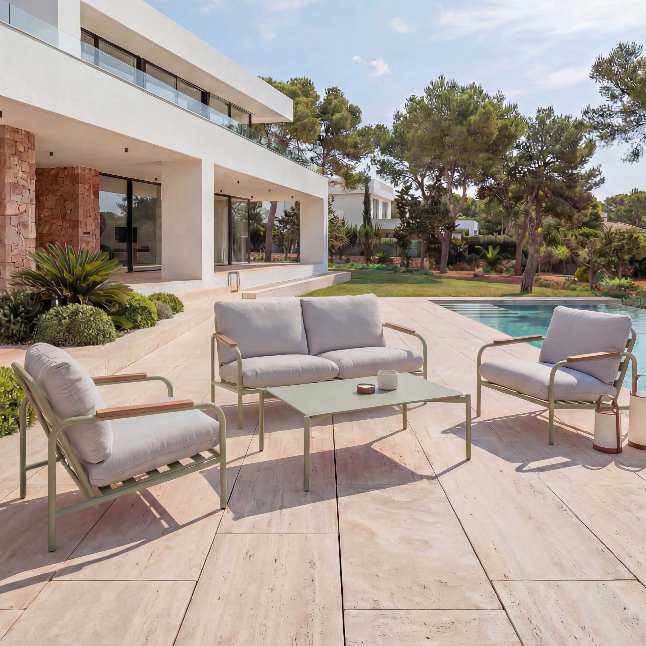 Aluminium-Gartengarnitur MCW-O11, Outdoor 2-Sitzer Sitzbank Sessel Sofa, Olefin (205 g/m&sup2;) ~ hellgr&uuml;n Polster beige 