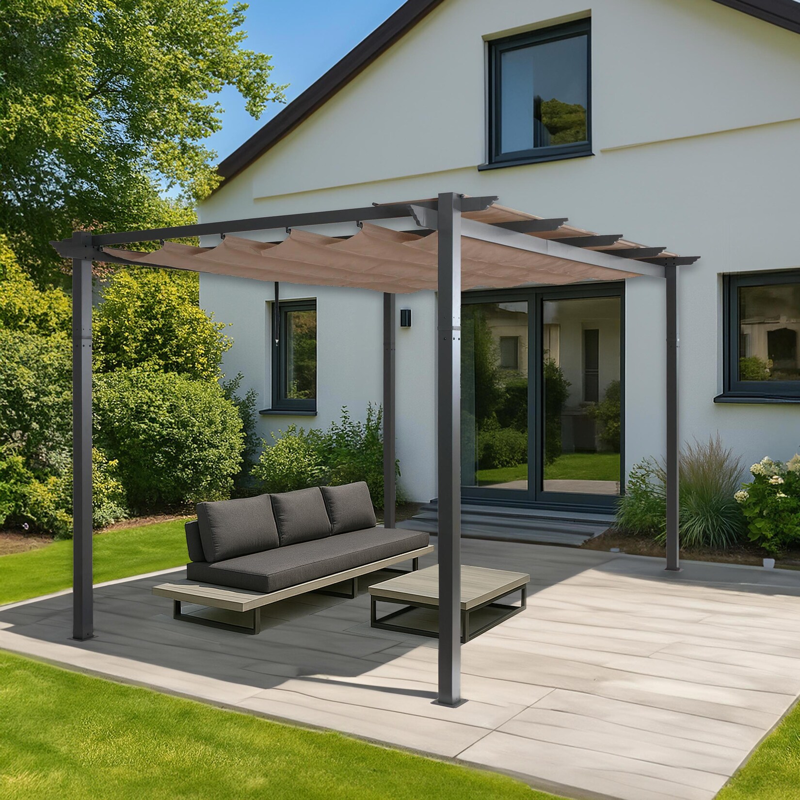 Aluminium Pergola -N93, Gartenpavillon Pavillon Garten, stabiles 8cm-Gestell Schiebedach UV50+ 3x4m ~ taupe