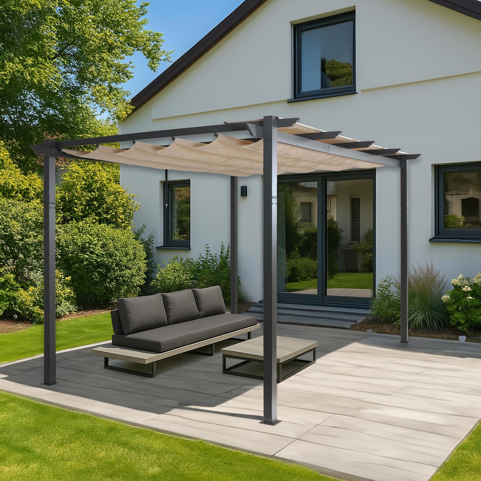 Aluminium Pergola -N93, Gartenpavillon Pavillon Garten, stabiles 8cm-Gestell Schiebedach UV50+ 3x4m ~ creme-beige