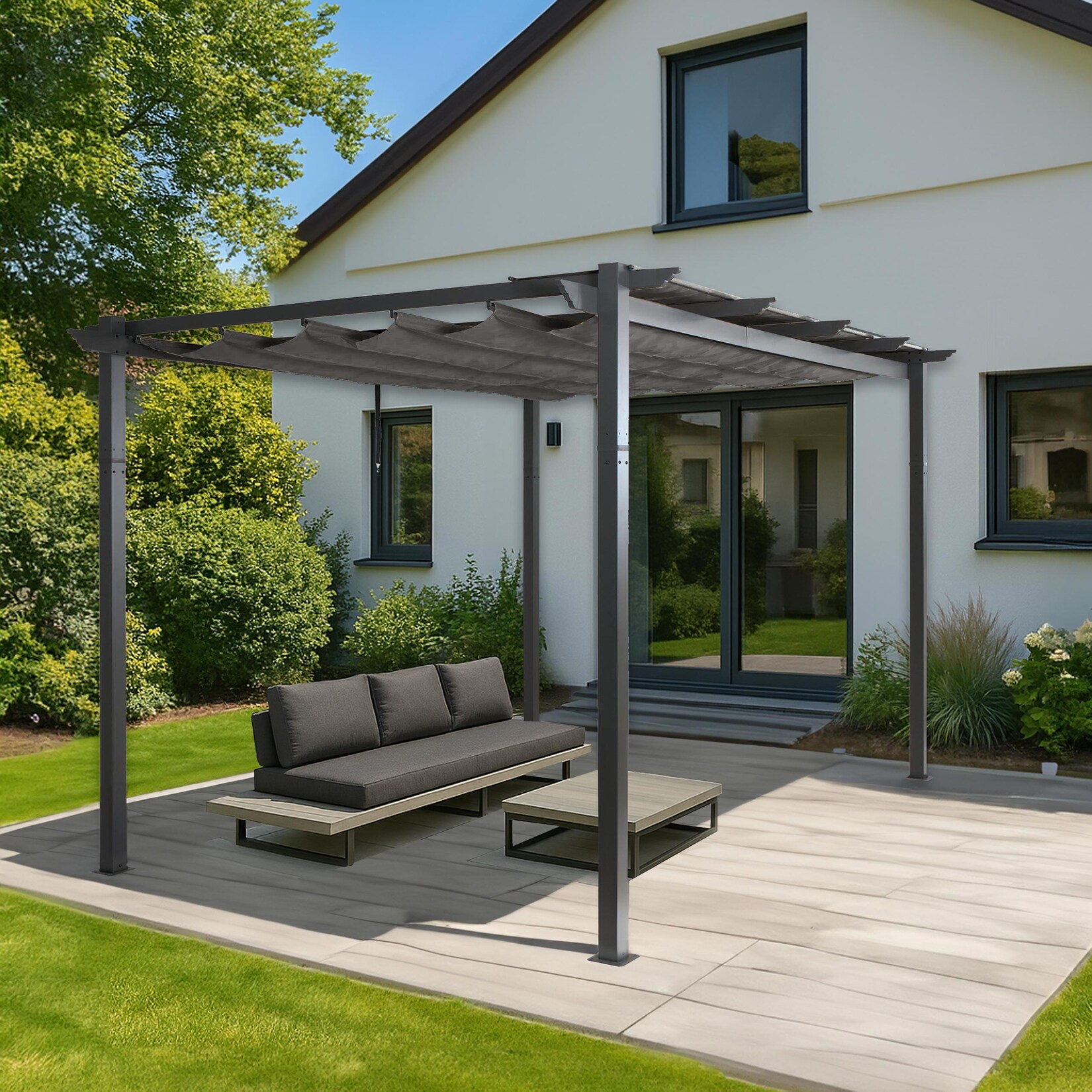 Aluminium Pergola -N93, Gartenpavillon Pavillon Garten, stabiles 8cm-Gestell Schiebedach UV50+ 3x4m ~ anthrazit