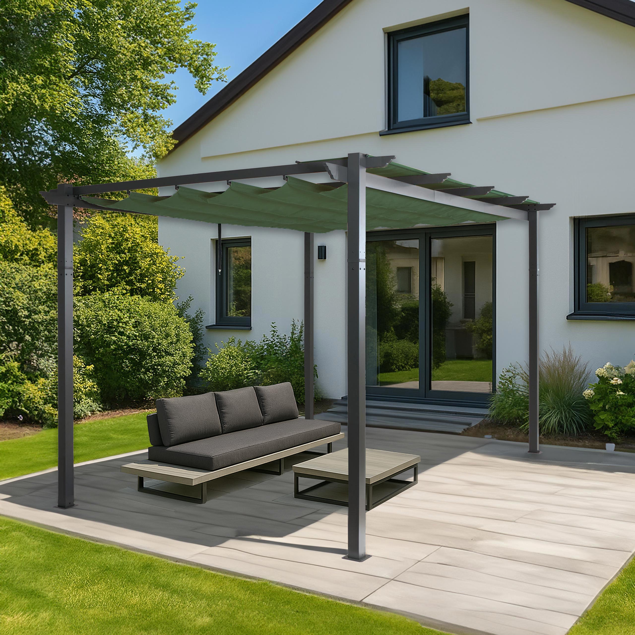 Aluminium Pergola MCW-N93, Gartenpavillon Pavillon Garten, stabiles 8cm-Gestell Schiebedach UV50+ 3x4m ~ gr&uuml;n 