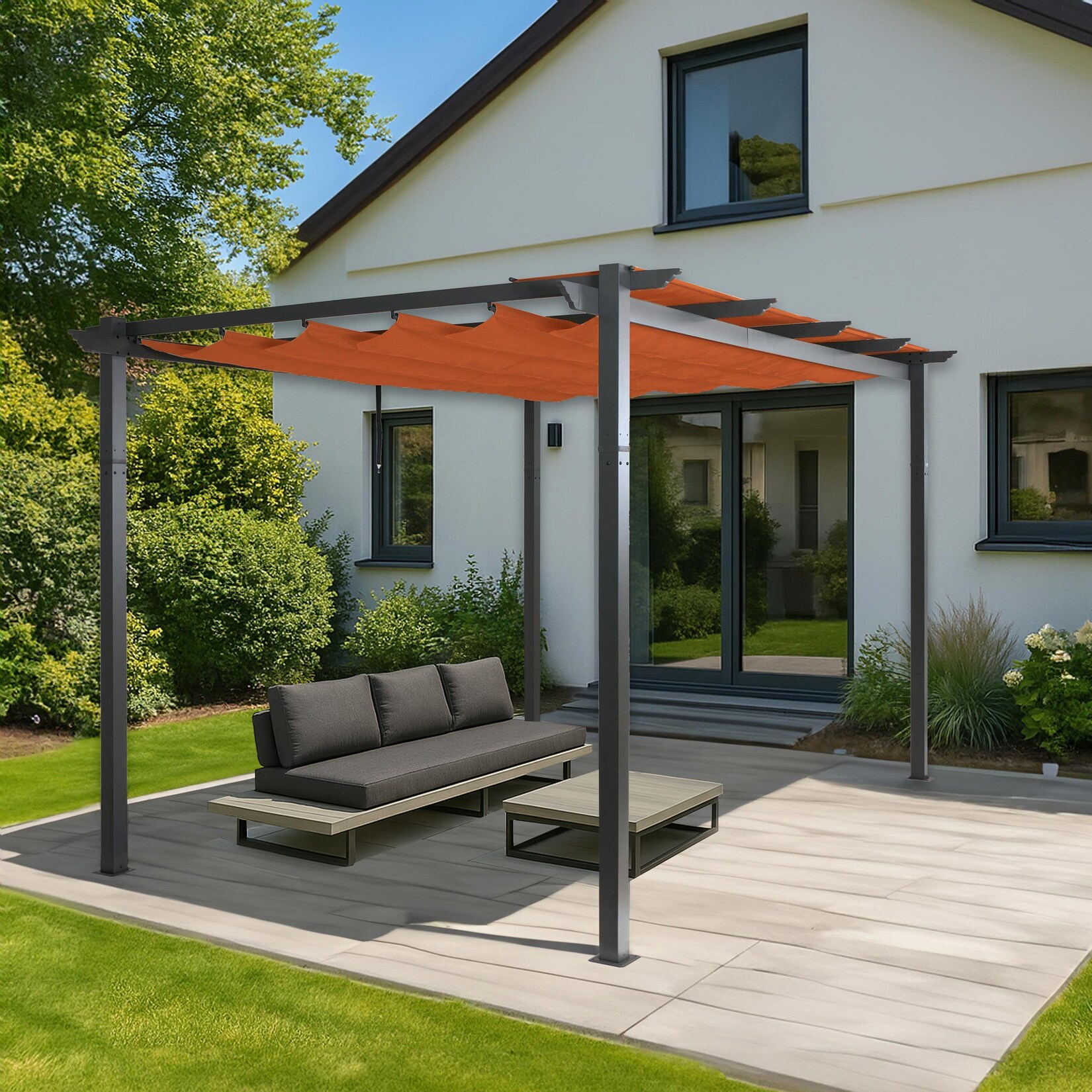 Aluminium Pergola -N93, Gartenpavillon Pavillon Garten, stabiles 8cm-Gestell Schiebedach UV50+ 3x4m ~ terrakotta