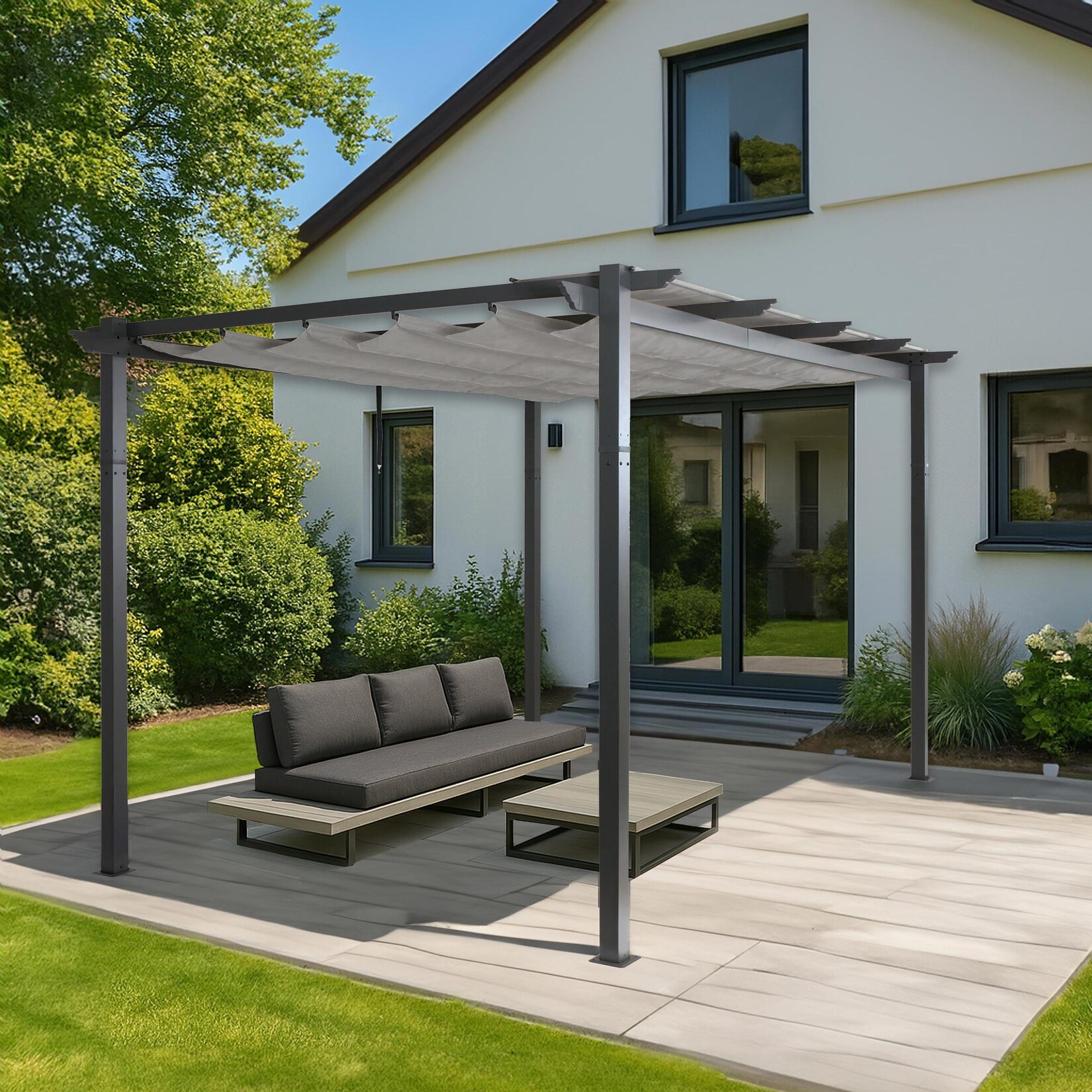 Aluminium Pergola -N93, Gartenpavillon Pavillon Garten, stabiles 8cm-Gestell Schiebedach UV50+ 3x4m ~ grau