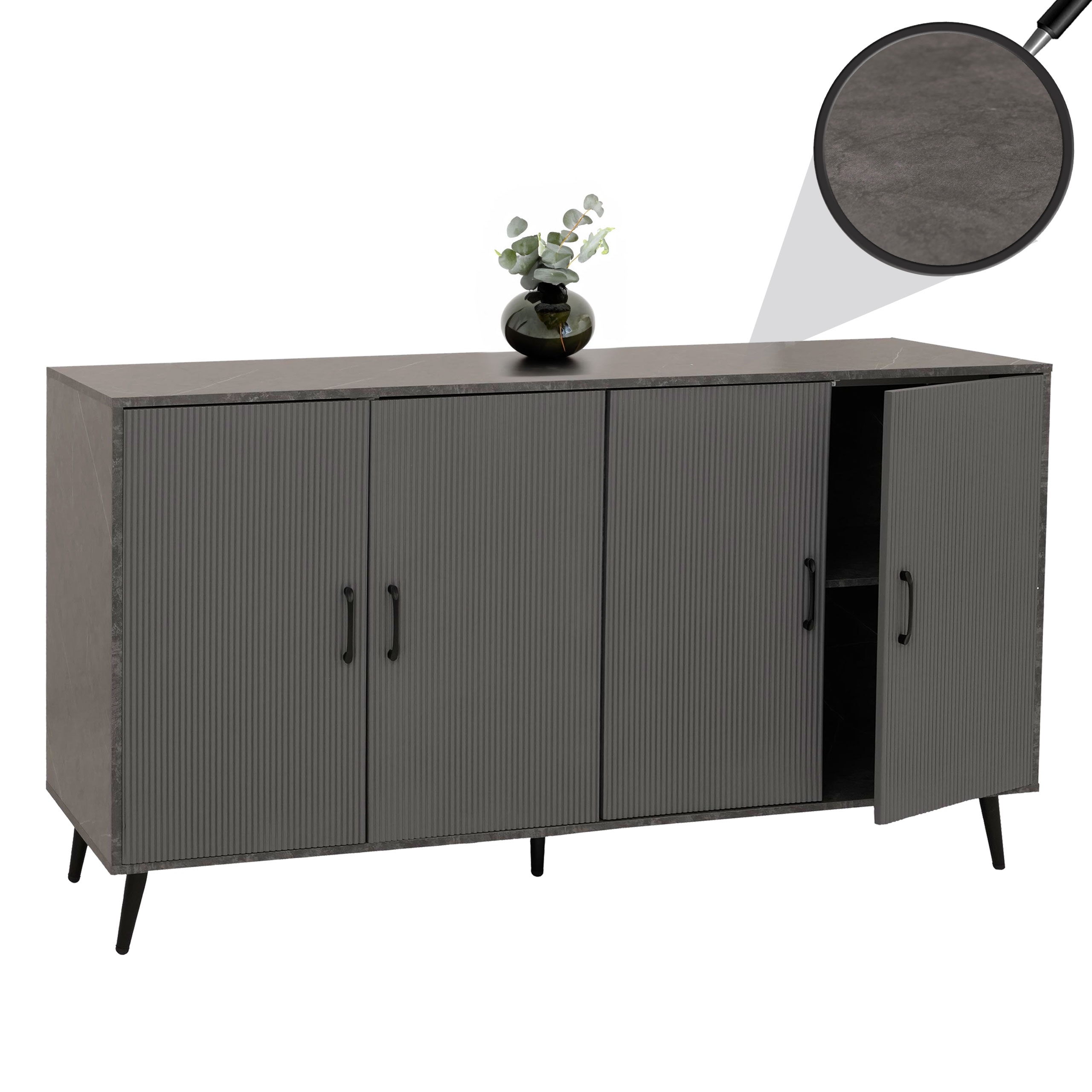 Sideboard MCW-N89, Kommode Schrank Highboard Anrichte, 3D-Design Melamin Holz, 88x150x40cm ~ Marmor-Optik grau 