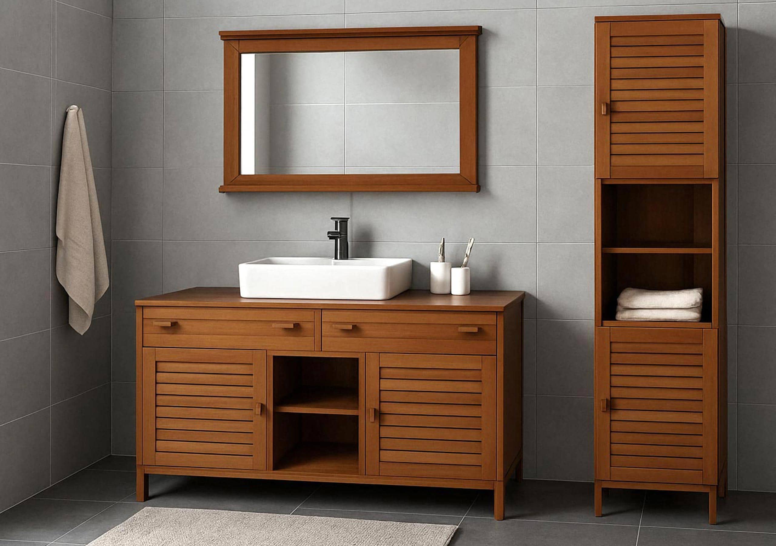 Teak-Badezimmer-Set MCW-M87, Waschtisch Hochschrank Wandspiegel Badezimmer, hochwertiges B-Grade-Teak 