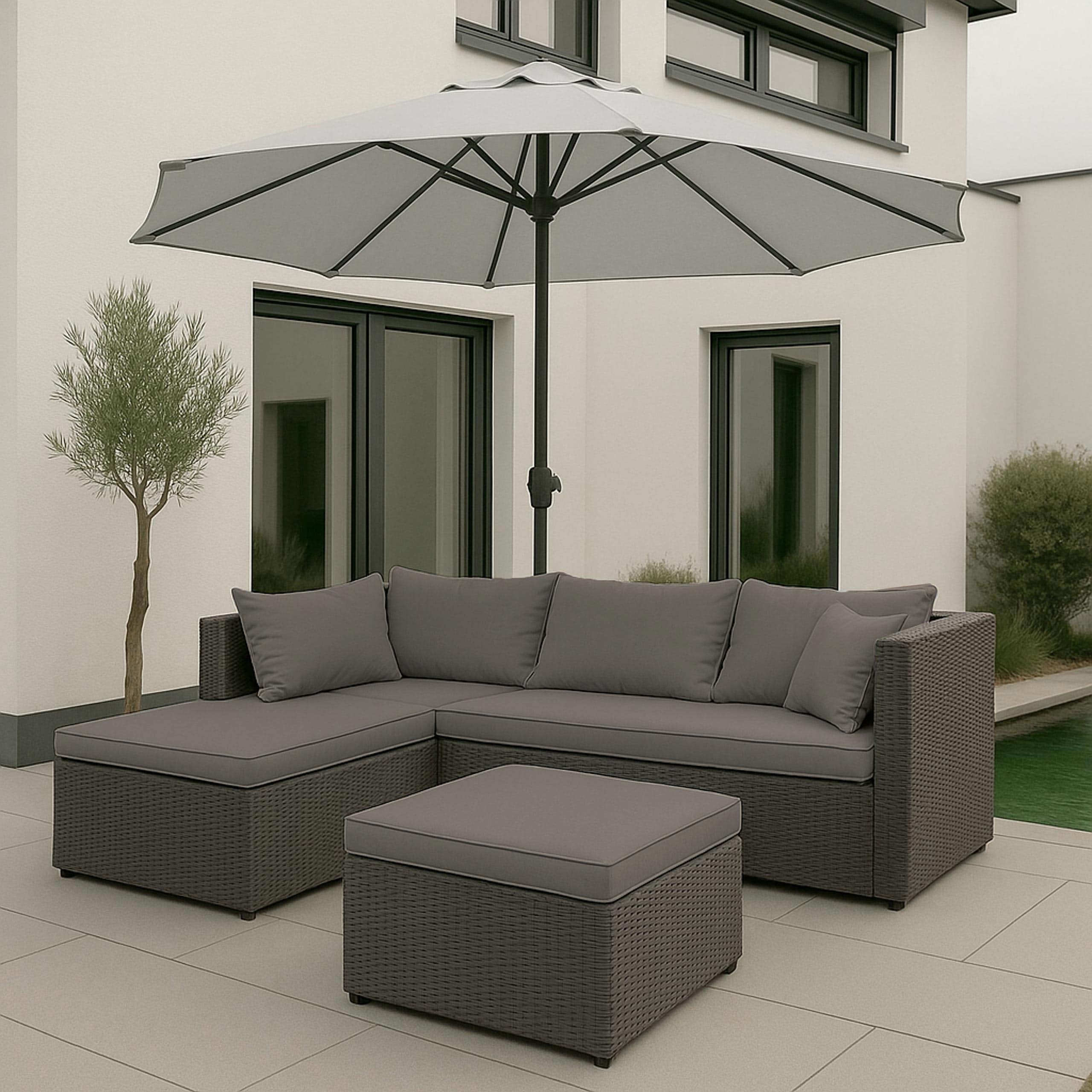 Poly-Rattan Garnitur MCW-O46, Balkon-/Garten-/Lounge-Set Sofa Sitzgruppe ~ grau Polster hellgrau 