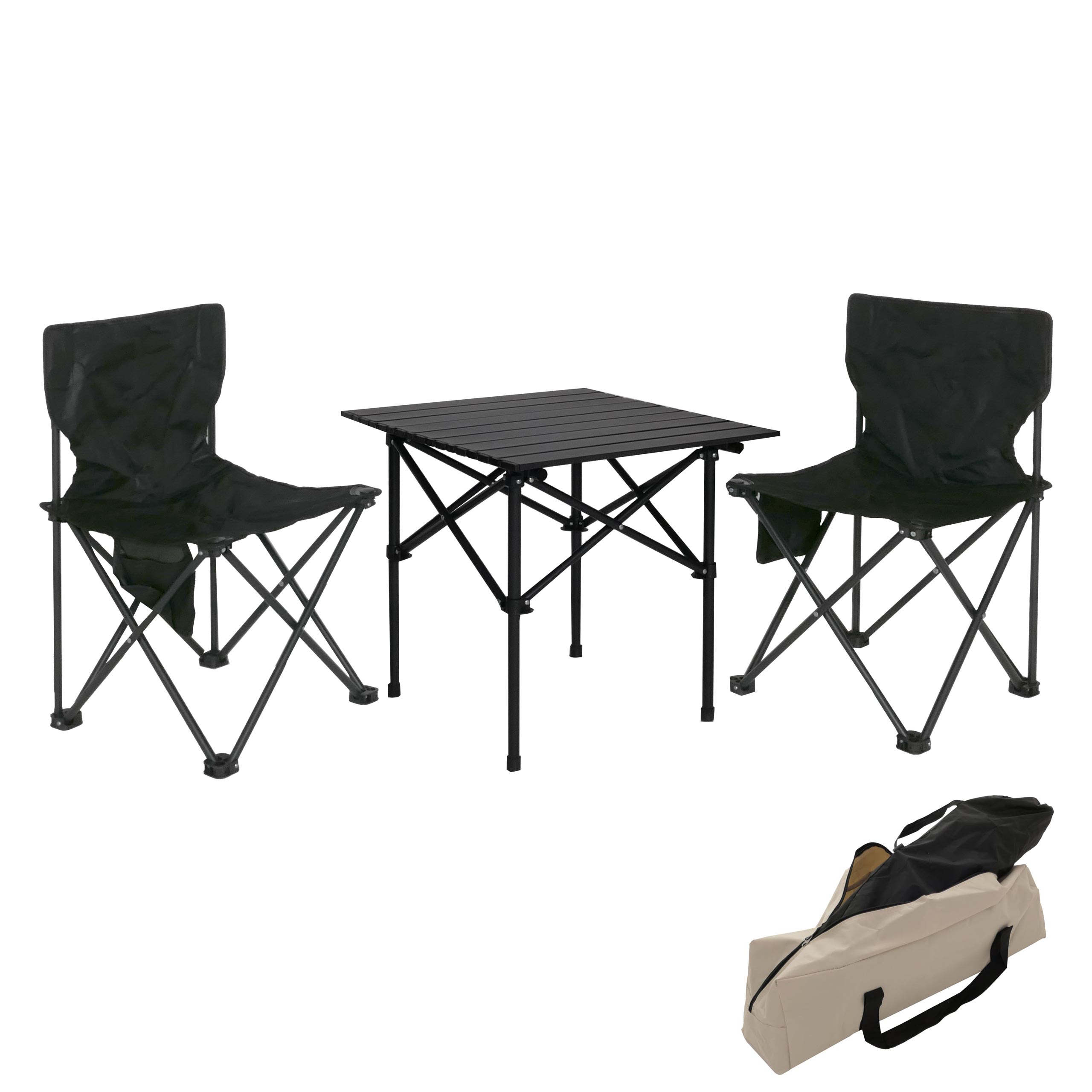 Campingset MCW-N50, Tisch 2x Stuhl Klappstuhl Anglerstuhl faltbar, Metall ~ schwarz 