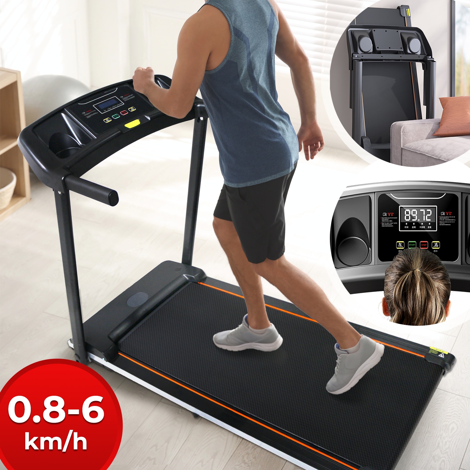 Laufband - klappbar, f&uuml;r Zuhause, elektrisch, LCD-Display, 1000 W, Lauffl&auml;che 100x38 cm, Kalorienz&auml;hler, Sicherheitsschl&uuml;ssel, bis 6 Km/h - Laufbahn, Treadmill, Heimtrainer, Fitnessger&auml;t, Walkingpad 