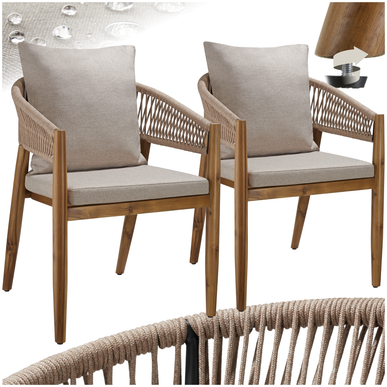 tectake&reg; Gartenstuhl, lasiertes Akazienholz, wetterfest, wasserabweisende, abnehmbare Polyesterbez&uuml;ge, h&ouml;henverstellbare Kunststofff&uuml;&szlig;e 