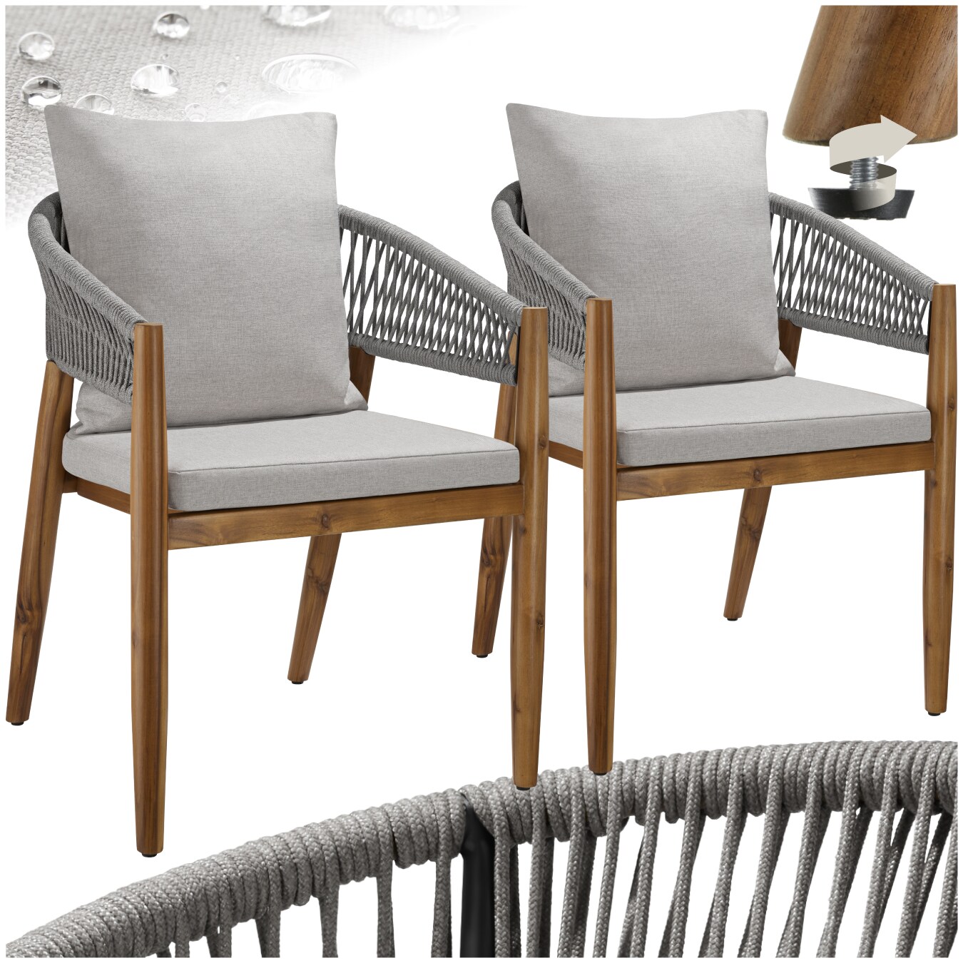 tectake&reg; Gartenstuhl, lasiertes Akazienholz, wetterfest, wasserabweisende, abnehmbare Polyesterbez&uuml;ge, h&ouml;henverstellbare Kunststofff&uuml;&szlig;e 