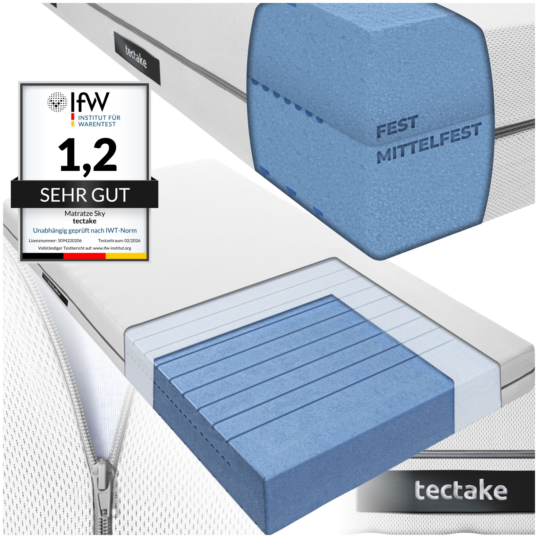 tectake&reg; Matratze, verschiedene Gr&ouml;&szlig;en, langlebig und formstabil, waschbarer Bezug aus atmungsaktivem 3D-Meshgewebe - Bild 1
