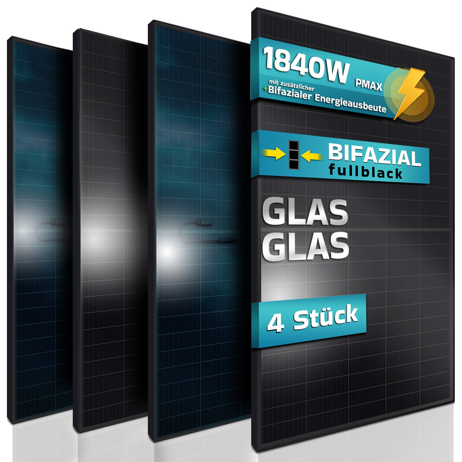 ® Solarmodul 4x 460 W FULL BLACK Bifazial Glas/Glas PV Modul Solarpanel - PMax 1840W (4x460W) Bifacial N-Type, für Balkonkraftwerk oder PV Solar Anlage