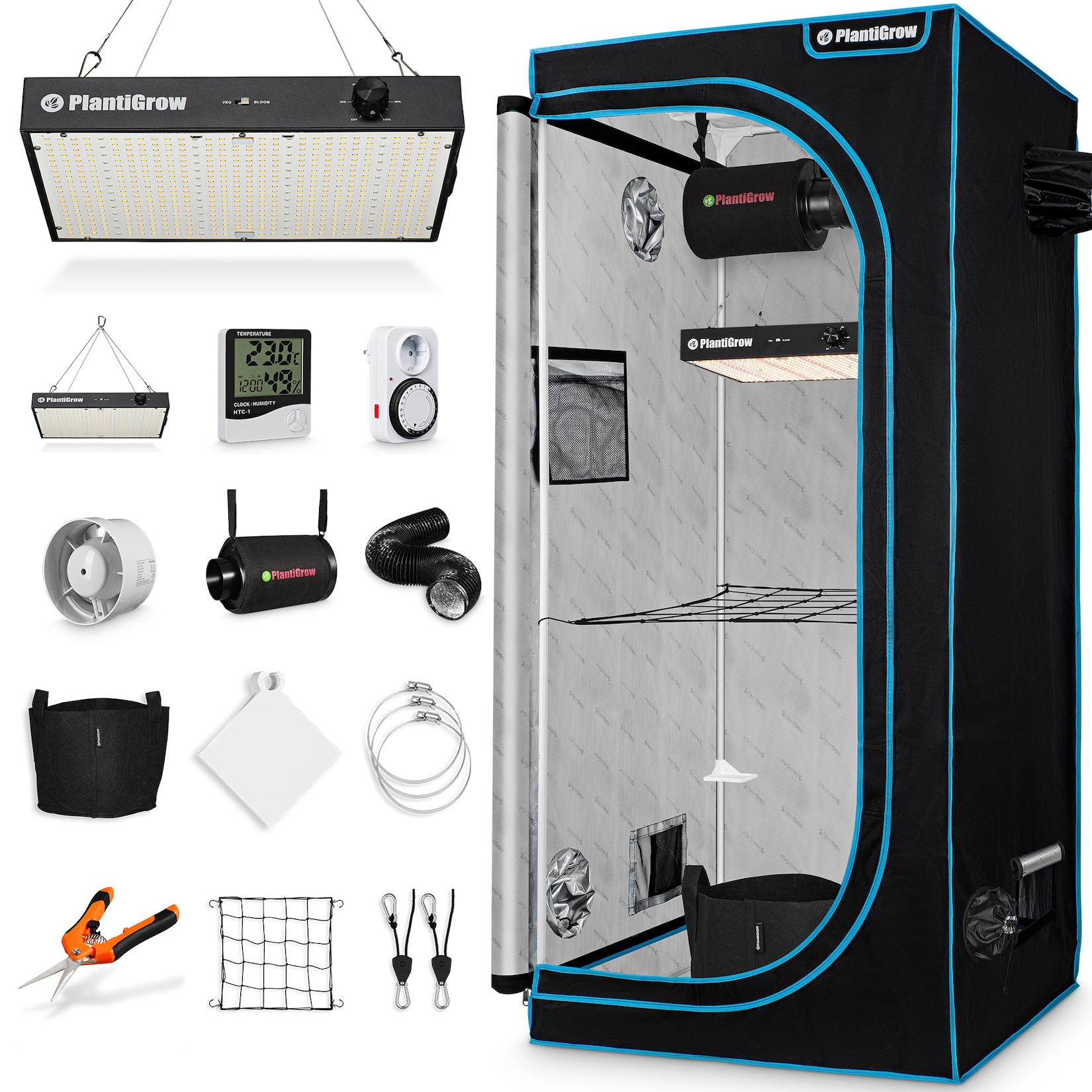 Growbox Komplettset – Indoor Gewächshaus mit 150W LED Vollspektrum Dimmbar, Carbon-Filter, Ventilator, Anzuchtzelt, Zuchtzelt - 60x60x180