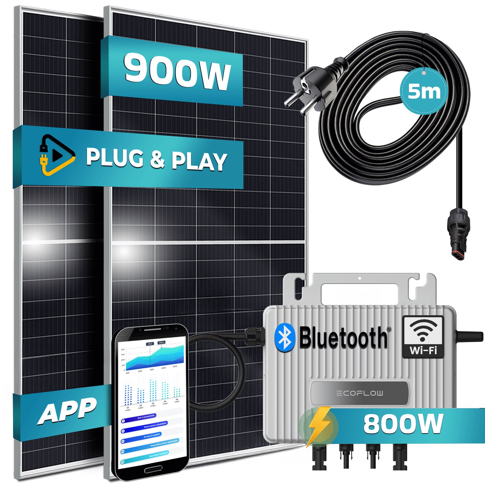 ® 900W Balkonkraftwerk 800W komplett Steckdose - Ecoflow Stream 800W Wechselrichter - PV Solaranlage Komplettset - 2x 450W (900W) Solarmodule - inkl. 5m Kabel - Bluetooth, WIFI