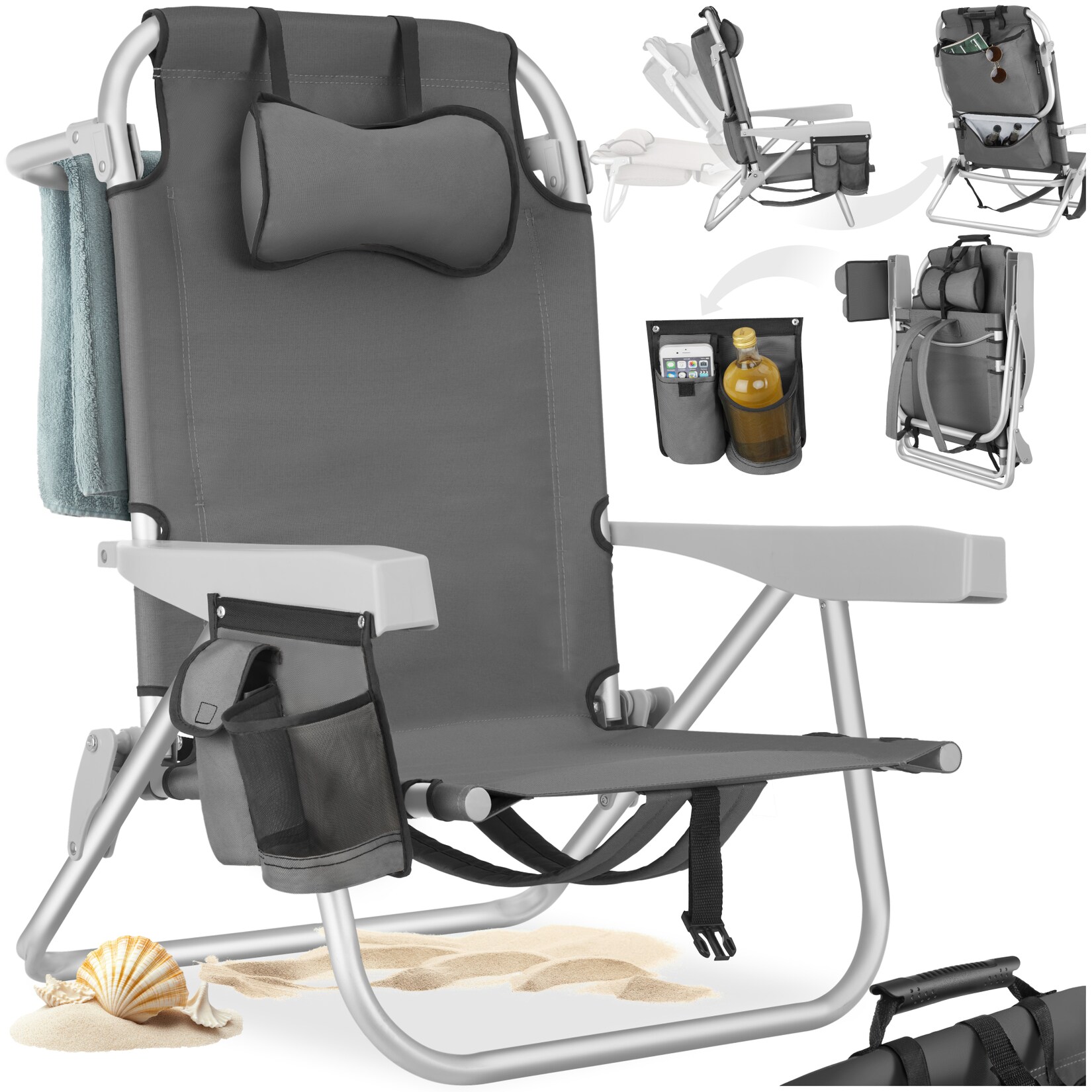 tectake® Aluminium Strandstuhl, klappbar, mit Rucksackfunktion, 5-fach verstellbare Rückenlehne mit Kopfpolster, rückseitige Kühltasche und Aufbewahrungstasche