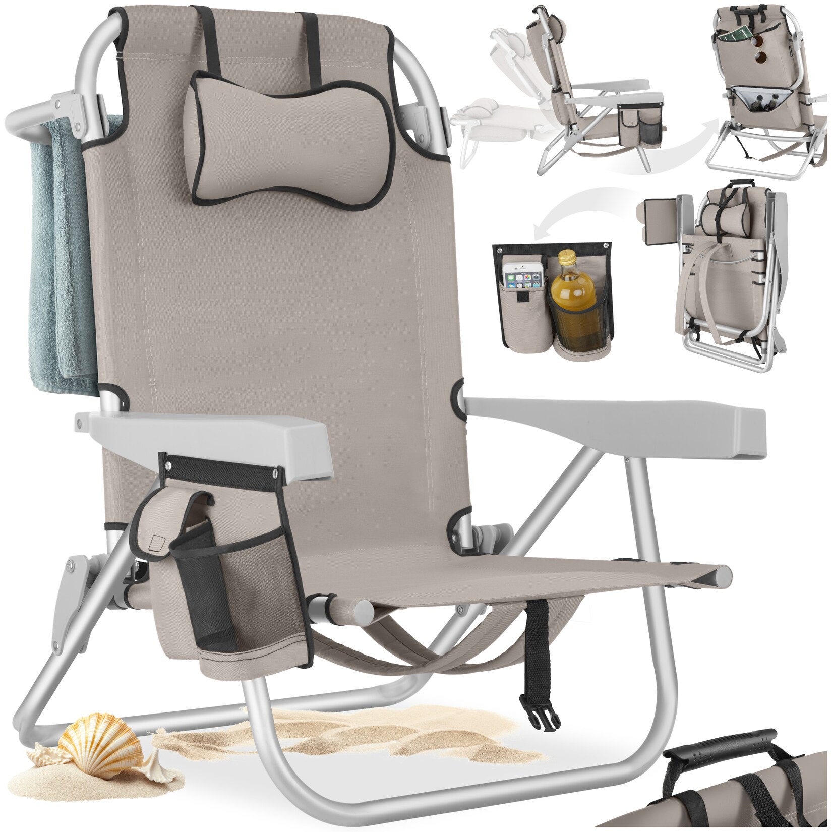 tectake® Aluminium Strandstuhl, klappbar, mit Rucksackfunktion, 5-fach verstellbare Rückenlehne mit Kopfpolster, rückseitige Kühltasche und Aufbewahrungstasche