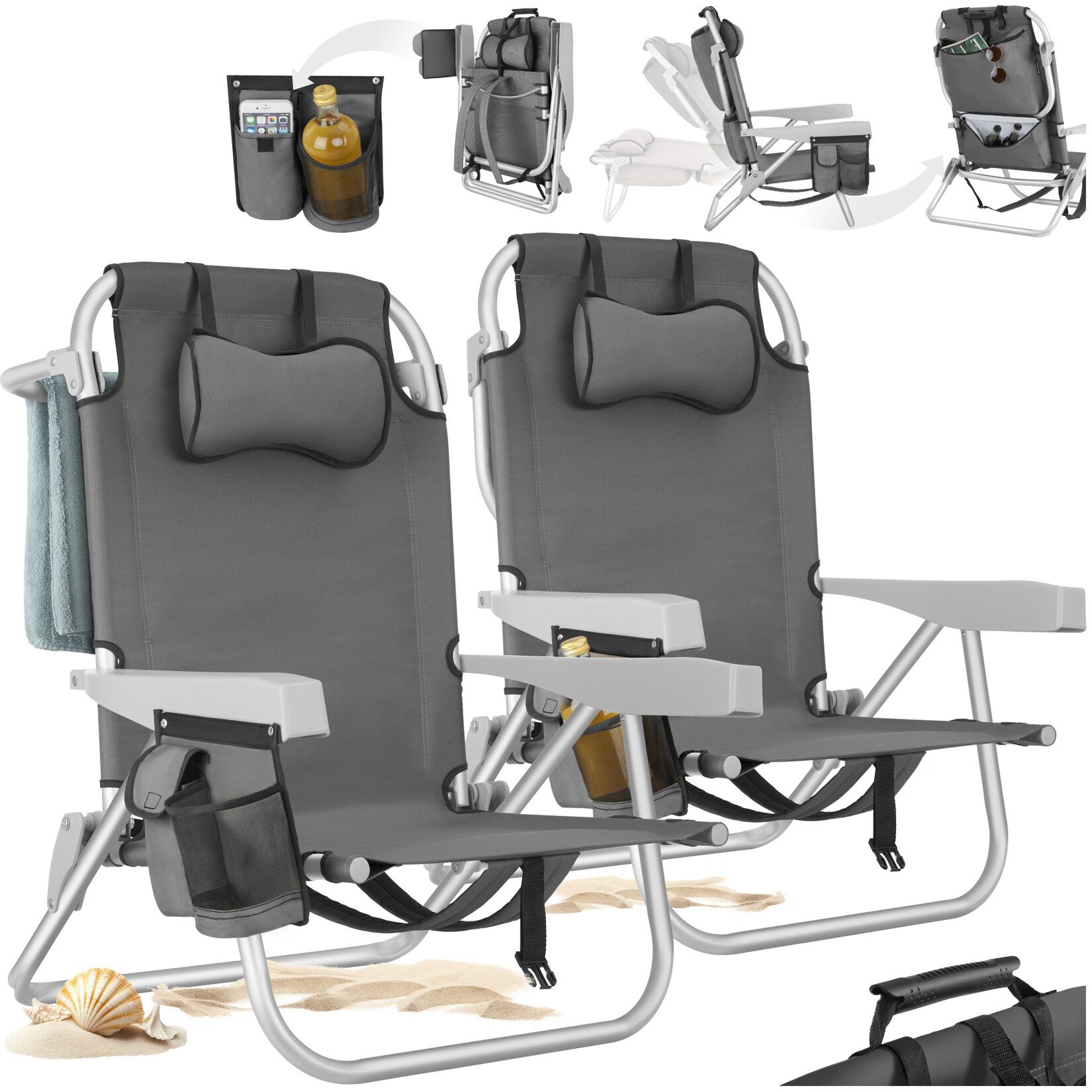 tectake® Aluminium Strandstuhl, klappbar, mit Rucksackfunktion, 5-fach verstellbare Rückenlehne mit Kopfpolster, rückseitige Kühltasche und Aufbewahrungstasche