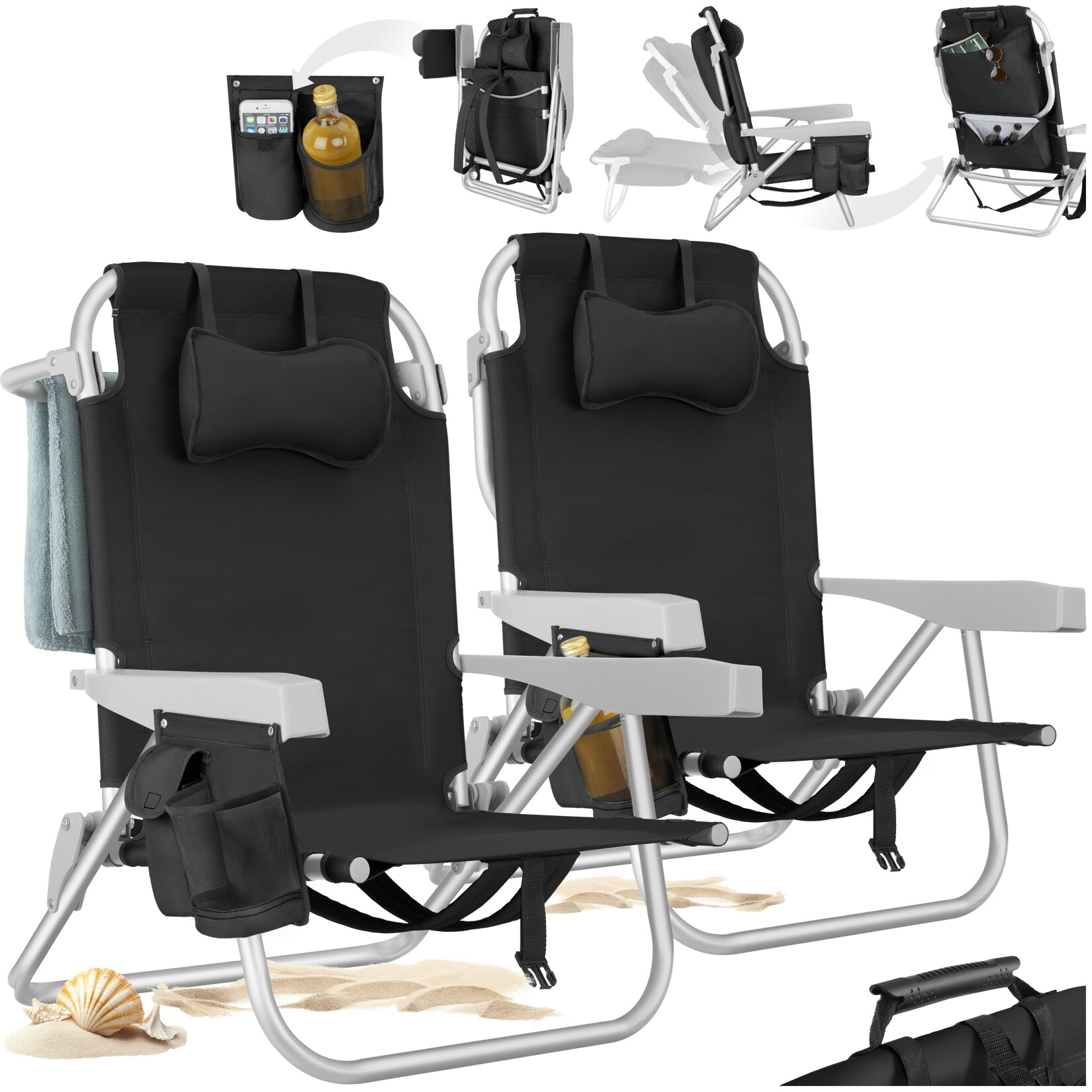 tectake® Aluminium Strandstuhl, klappbar, mit Rucksackfunktion, 5-fach verstellbare Rückenlehne mit Kopfpolster, rückseitige Kühltasche und Aufbewahrungstasche