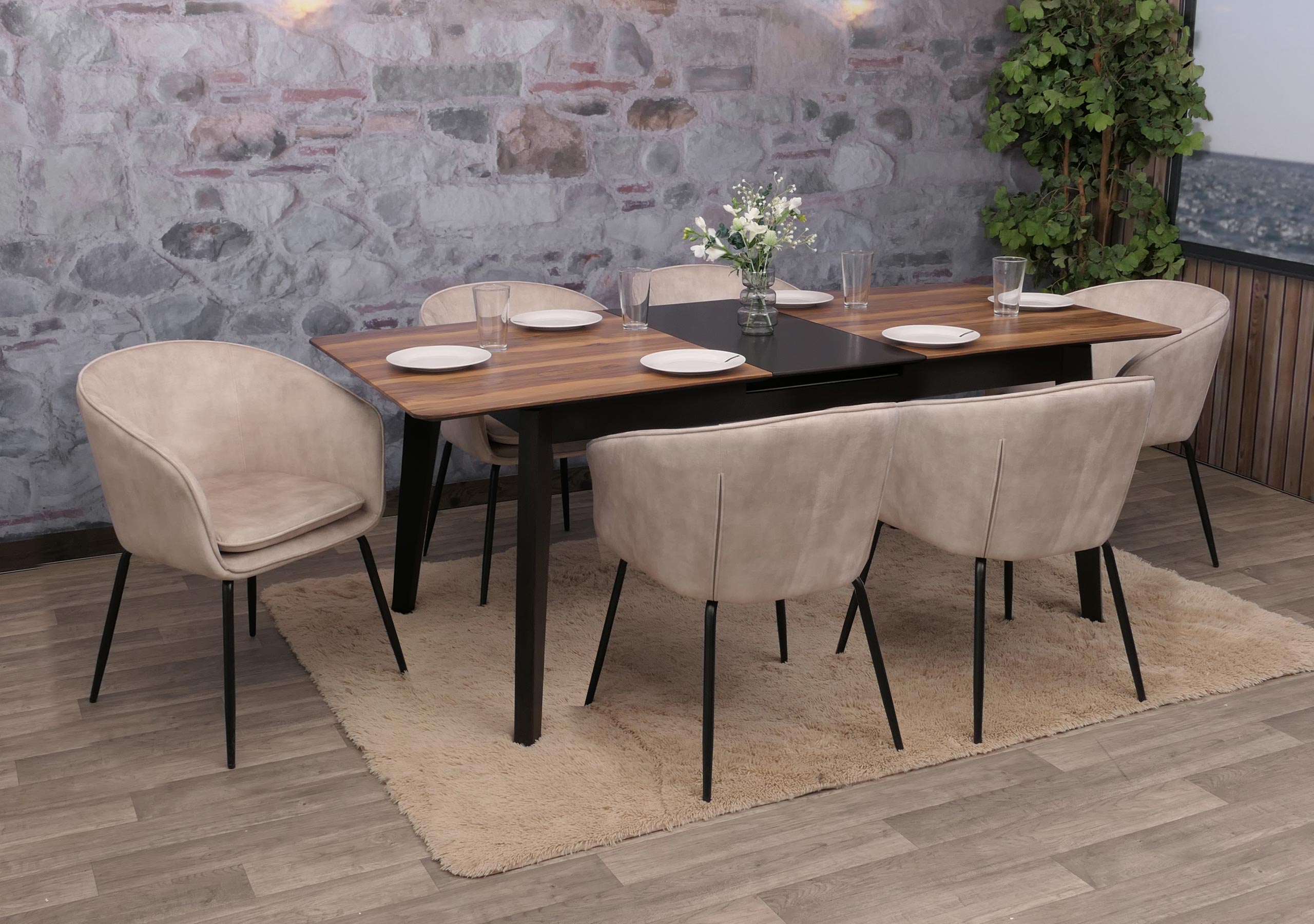 6er-Set Esszimmerstuhl MCW-O28, K&uuml;chenstuhl Polsterstuhl Stuhl, Stoff/Textil (340g/m&sup2;) Metall ~ taupe 