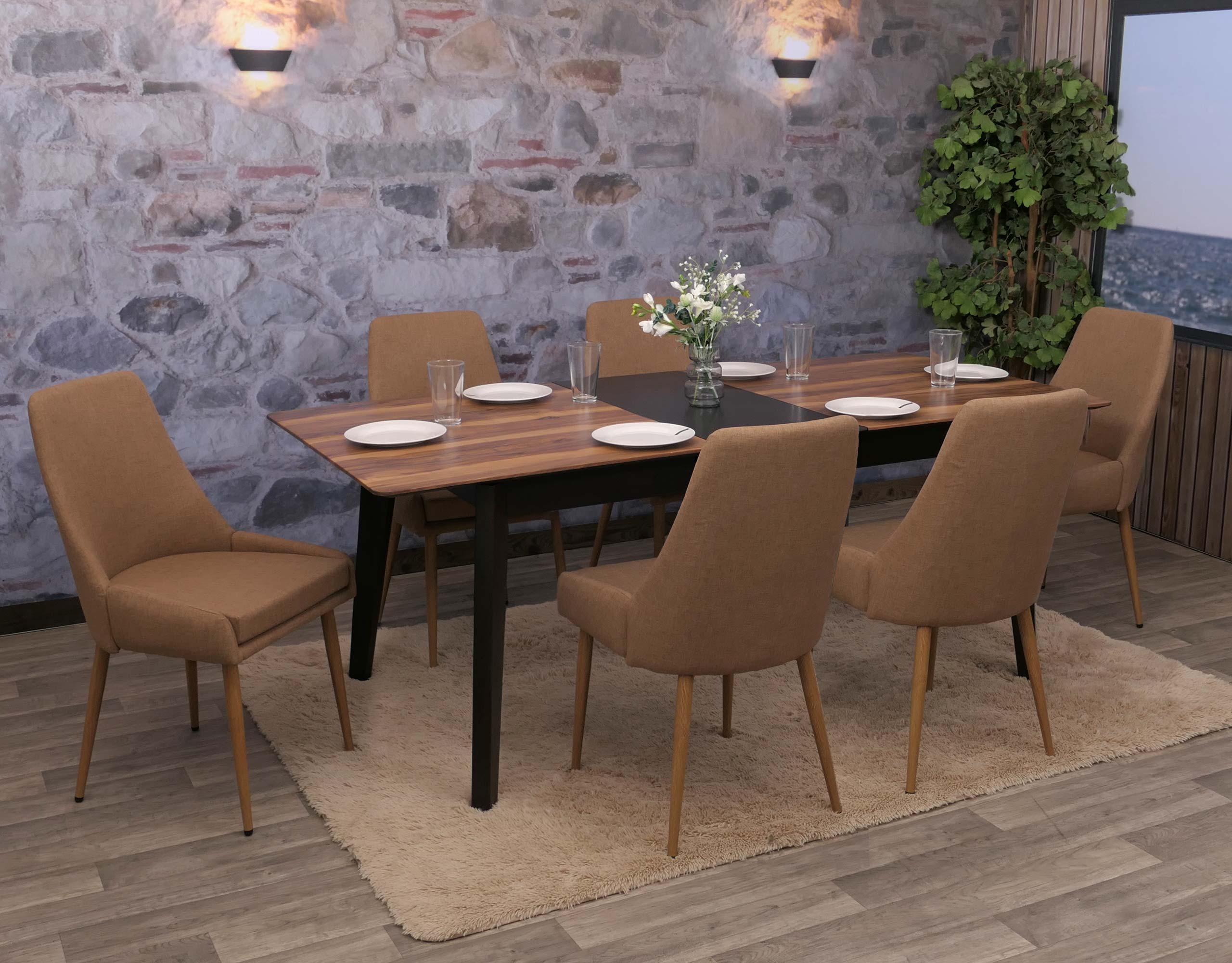 6er-set Esszimmerstuhl MCW-O27, K&uuml;chenstuhl Polsterstuhl Stuhl, Stoff/Textil (280g/m&sup2;) Metall ~ braun 