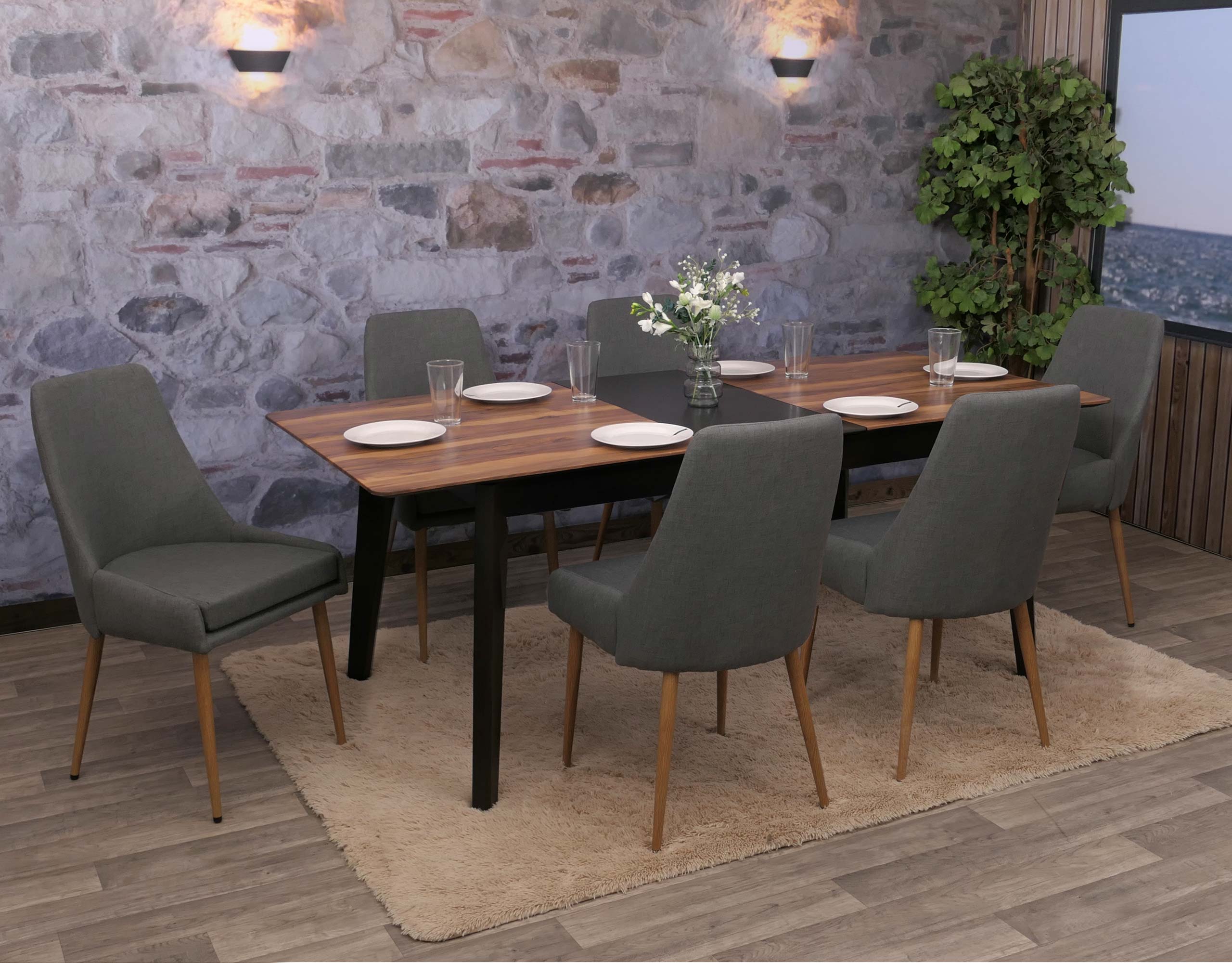 6er-Set Esszimmerstuhl MCW-O27, K&uuml;chenstuhl Polsterstuhl Stuhl, Stoff/Textil (280g/m&sup2;) Metall ~ dunkelgrau 