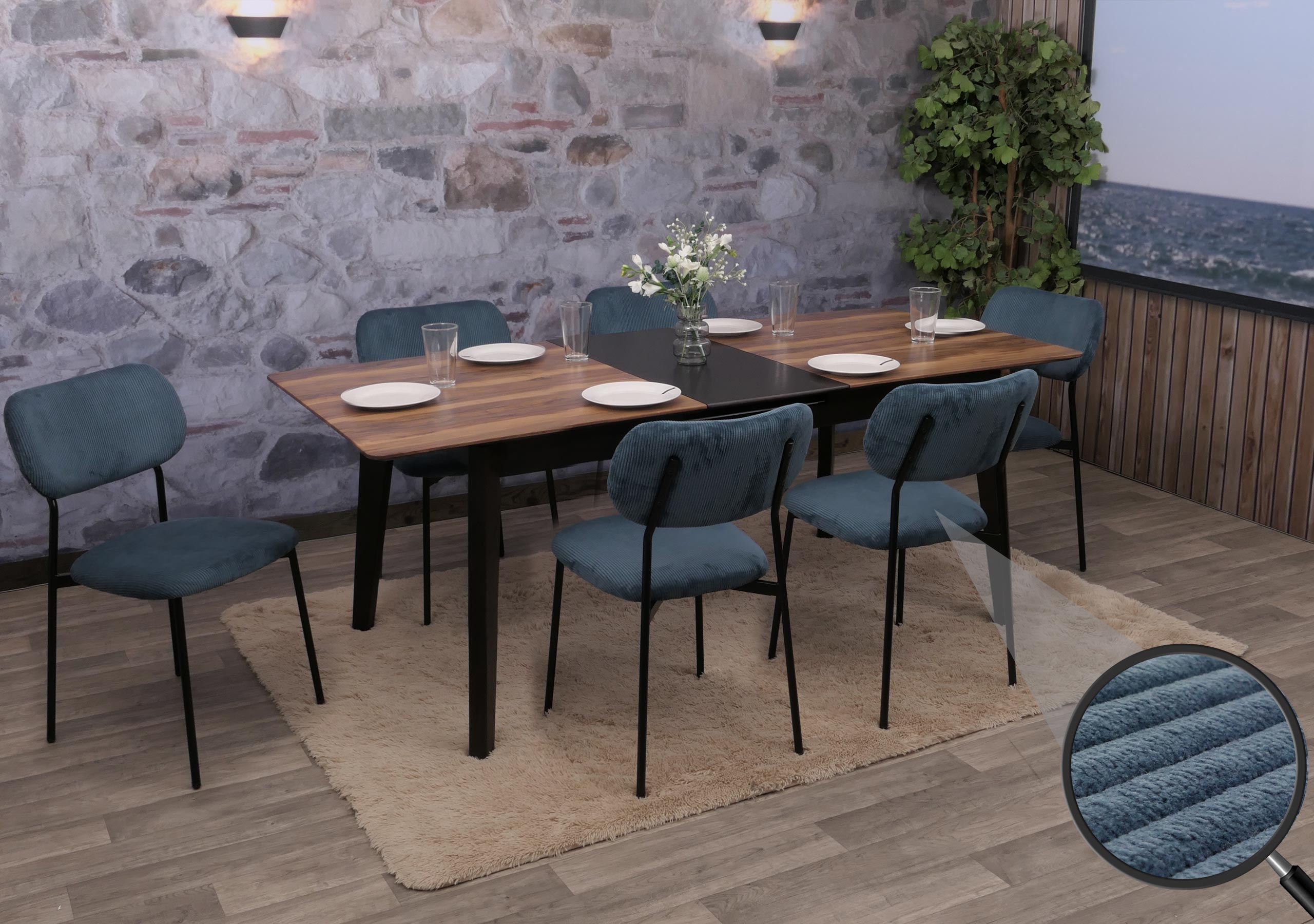 6er-Set Esszimmerstuhl MCW-O26, K&uuml;chenstuhl Polsterstuhl Stuhl, Cord (330g/m&sup2;) Stoff/Textil Metall ~ blau 