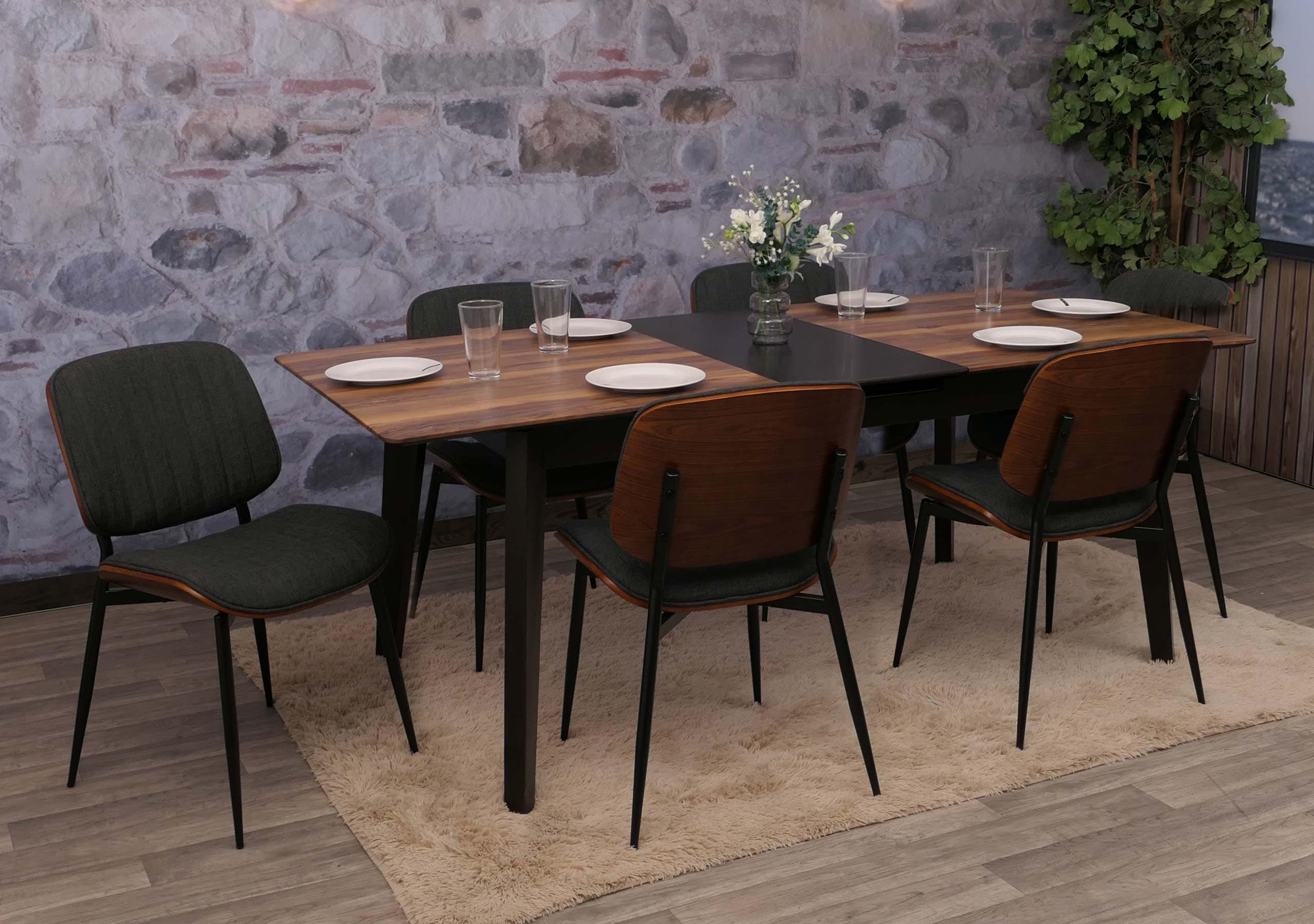 6er-Set Esszimmerstuhl MCW-O44, K&uuml;chenstuhl Stuhl, Bugholz Stoff (370g/m&sup2;) &Ouml;ko-Tex MVG ~ Walnuss-Optik, dunkelgrau 