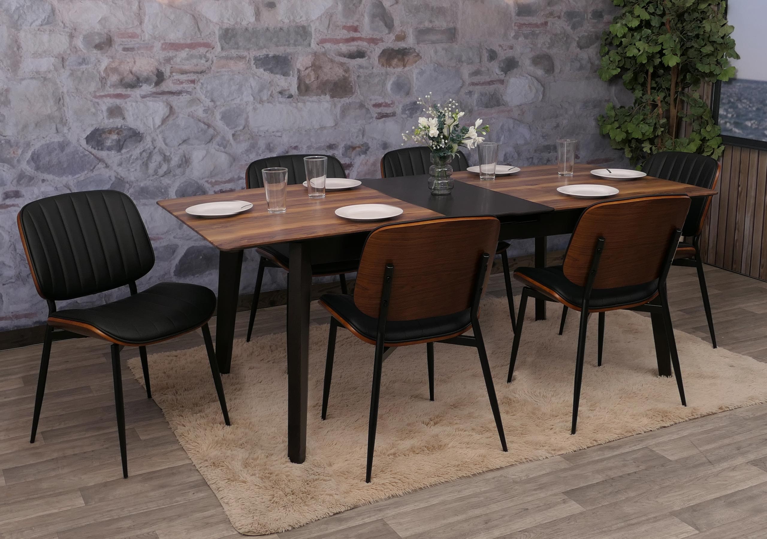 6er-Set Esszimmerstuhl MCW-O44, K&uuml;chenstuhl Stuhl, Bugholz Kunstleder &Ouml;ko-Tex MVG ~ Walnuss-Optik, schwarz 