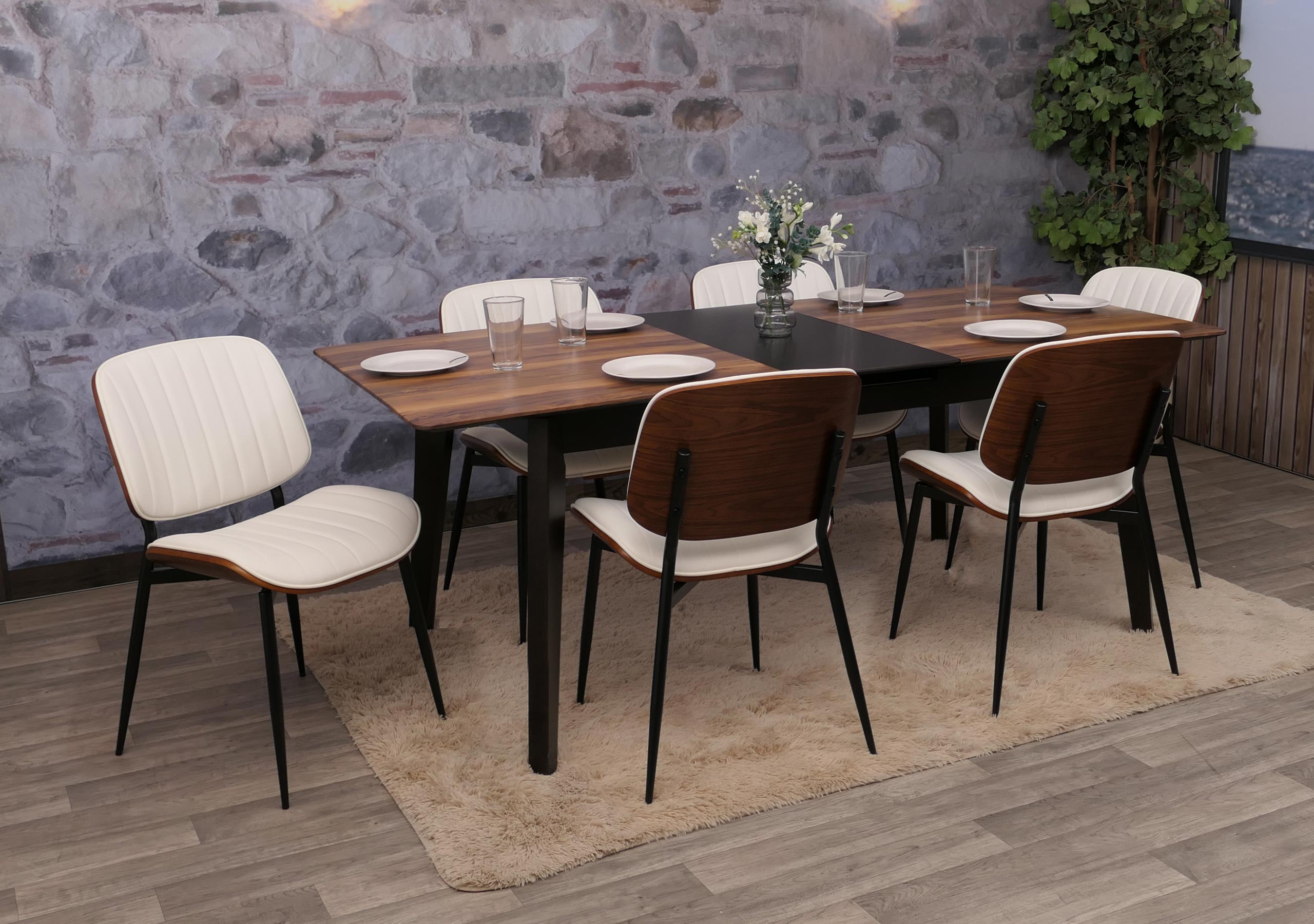 6er-Set Esszimmerstuhl MCW-O44, K&uuml;chenstuhl Stuhl, Bugholz Kunstleder MVG ~ Walnuss-Optik, wei&szlig; 