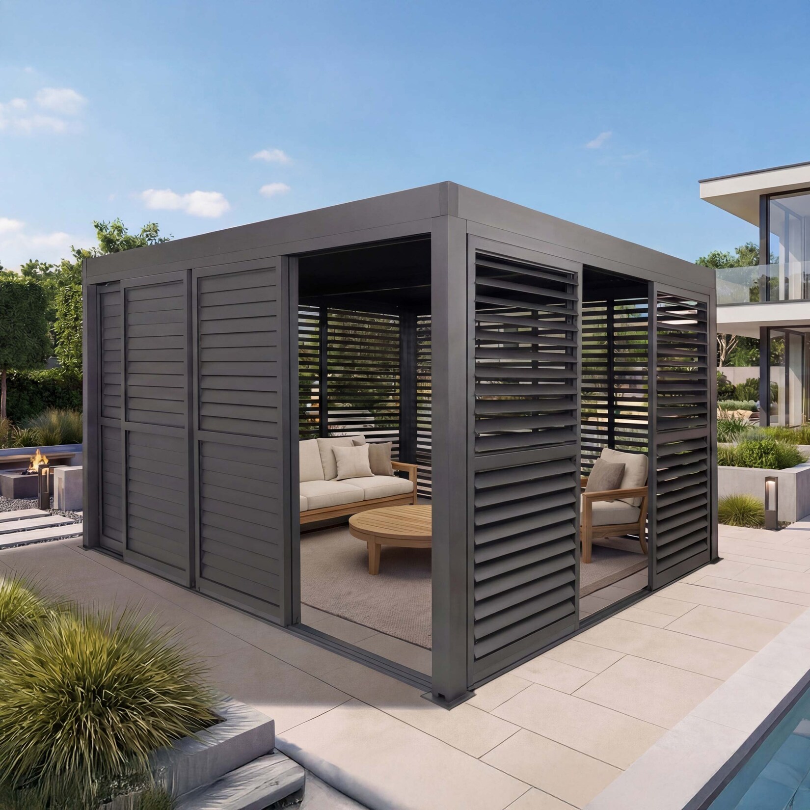 Alu Pergola -L46, Pavillon Terrassenüberdachung, 7x Lamellenpaneel 7x Schiebetüren, 11cm-Gestell, 3x4m ~ anthrazit