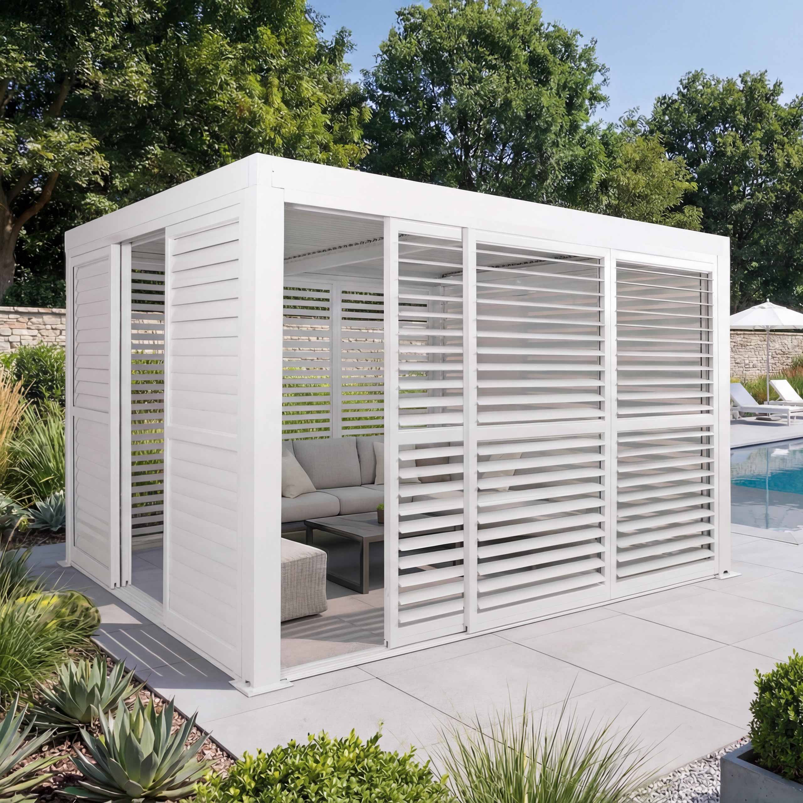 Alu Pergola MCW-L46, Pavillon Terrassen&uuml;berdachung, 6x Lamellenpaneel 6x Schiebet&uuml;ren, 11cm-Gestell, 3x3m ~ wei&szlig; 