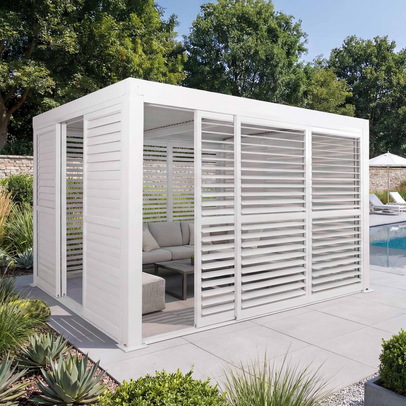 Alu Pergola -L46, Pavillon Terrassenüberdachung, 6x Lamellenpaneel 6x Schiebetüren, 11cm-Gestell, 3x3m ~ weiß