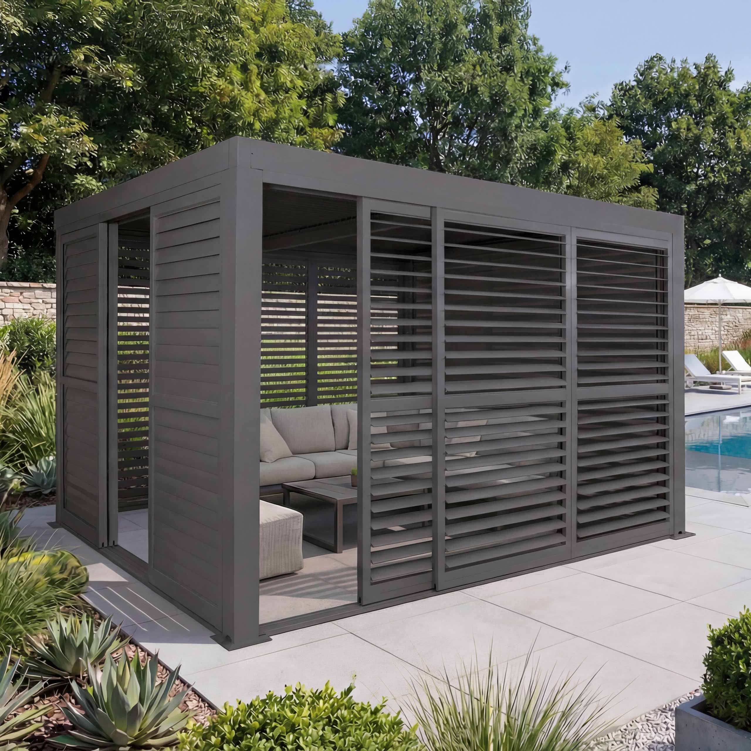 Alu Pergola MCW-L46, Pavillon Terrassen&uuml;berdachung, 6x Lamellenpaneel 6x Schiebet&uuml;ren, 11cm-Gestell, 3x3m ~ anthrazit 