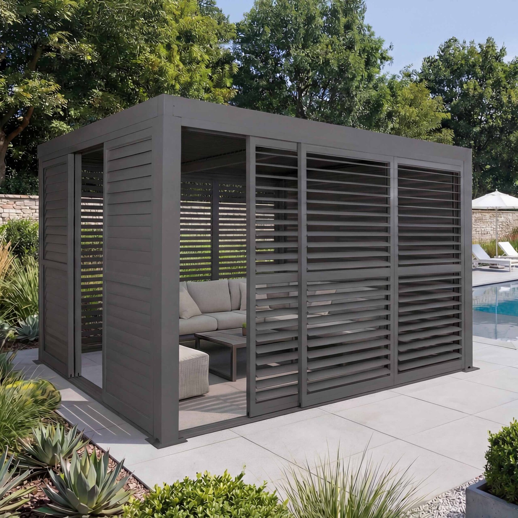Alu Pergola -L46, Pavillon Terrassenüberdachung, 6x Lamellenpaneel 6x Schiebetüren, 11cm-Gestell, 3x3m ~ anthrazit