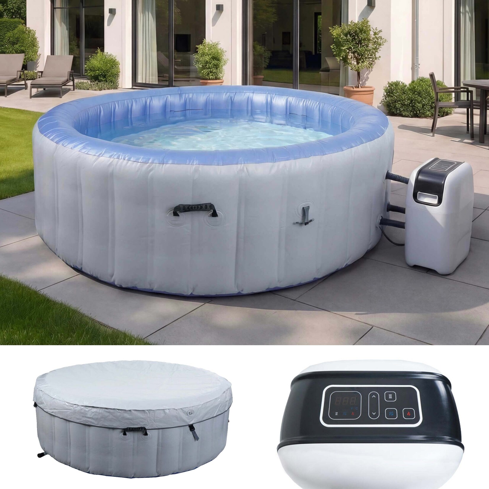 Whirlpool -N97, 4 Personen, In-/Outdoor heizbar aufblasbar Pumpe PVC laminiert, rund Ø 180cm ~ grau-blau