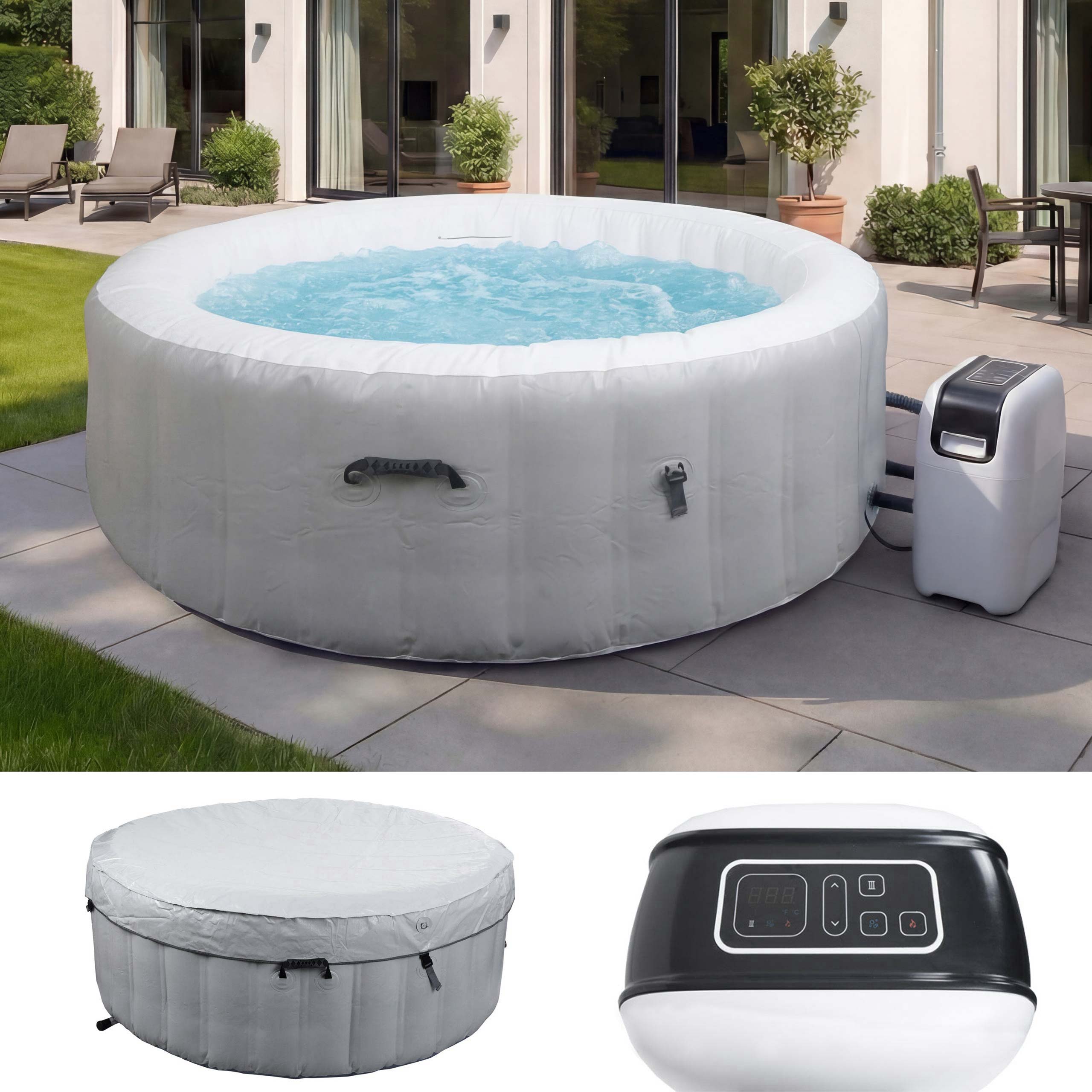 Whirlpool MCW-N97, 4 Personen, In-/Outdoor heizbar aufblasbar Pumpe PVC laminiert, rund &Oslash; 180cm ~ grau-wei&szlig; 