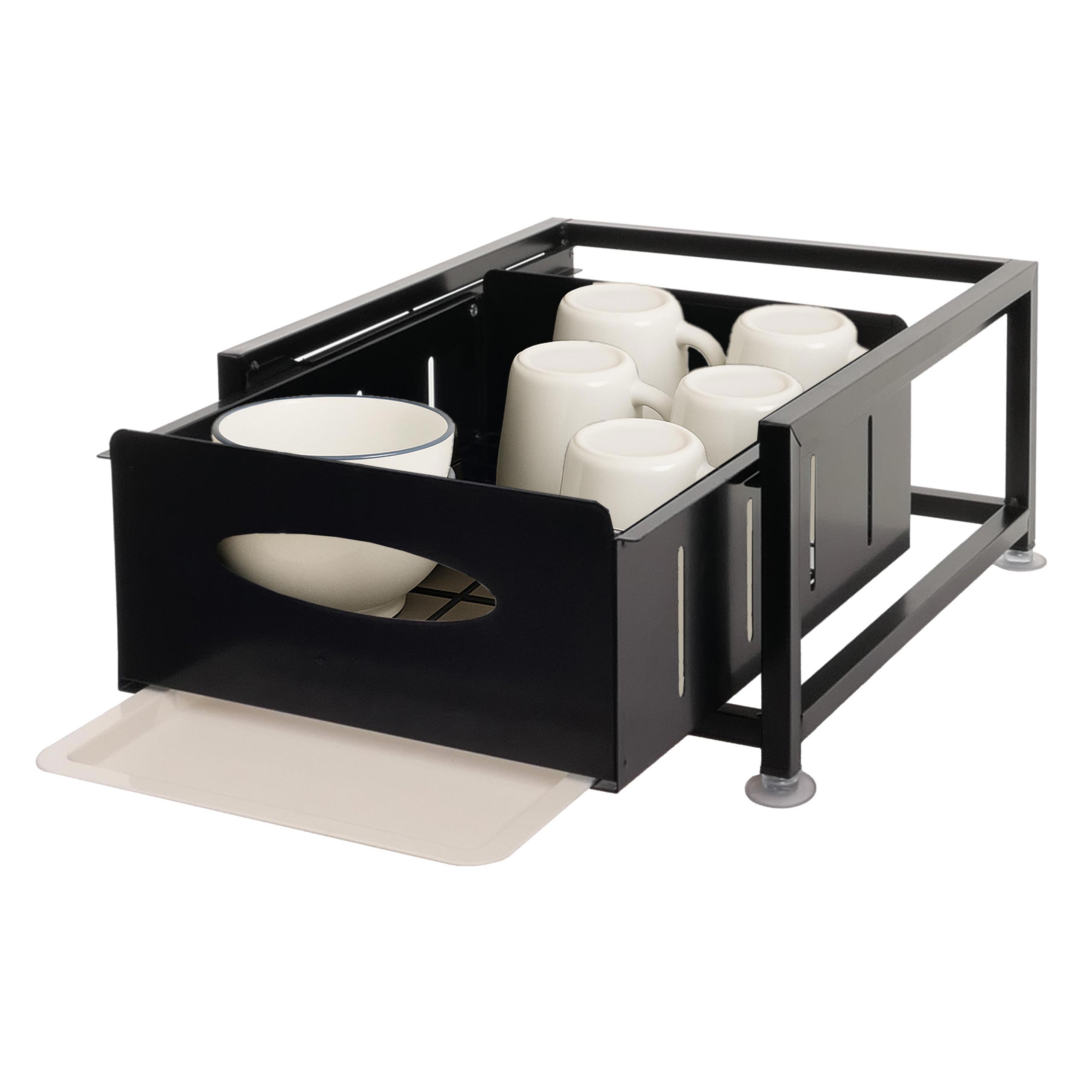 Schrankschublade MCW-N51 mit Tablett, K&uuml;chen-/Geschirrablage Schrankauszug ausziehbar, Metall 19x34x42cm ~ schwarz 