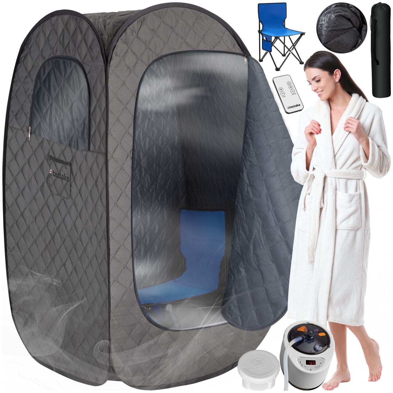tectake&reg; Mobile Dampfsauna, 2 l Dampfgenerator mit 1000 W, faltbar, 2 Aufbewahrungsf&auml;cher, inkl. Fernbedienung, Matte, Klappstuhl und Tragetaschen 