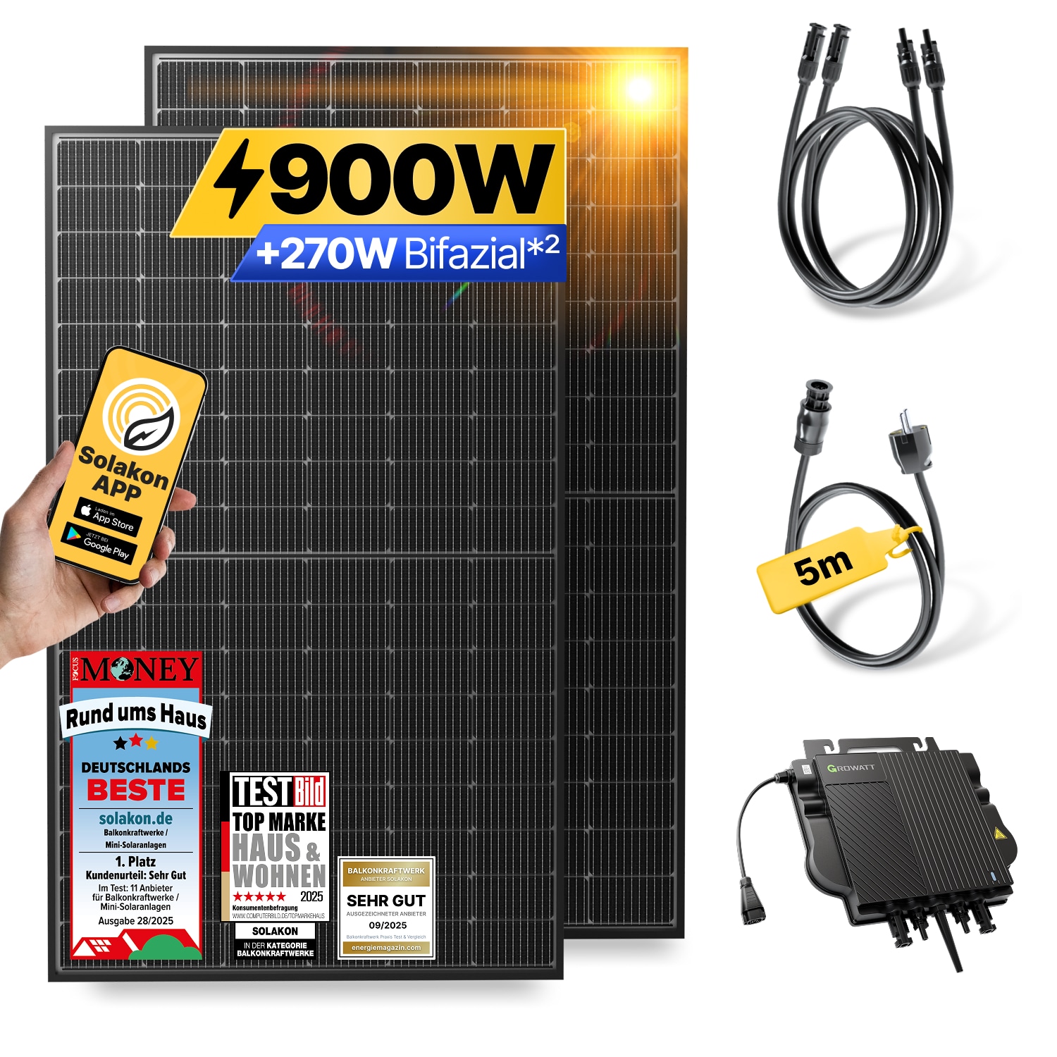 Balkonkraftwerk 900W/800W Solaranlage Steckerfertig WIFI Komplettset Photovoltaik Anlage 800W, Kabell&auml;nge: 5m 