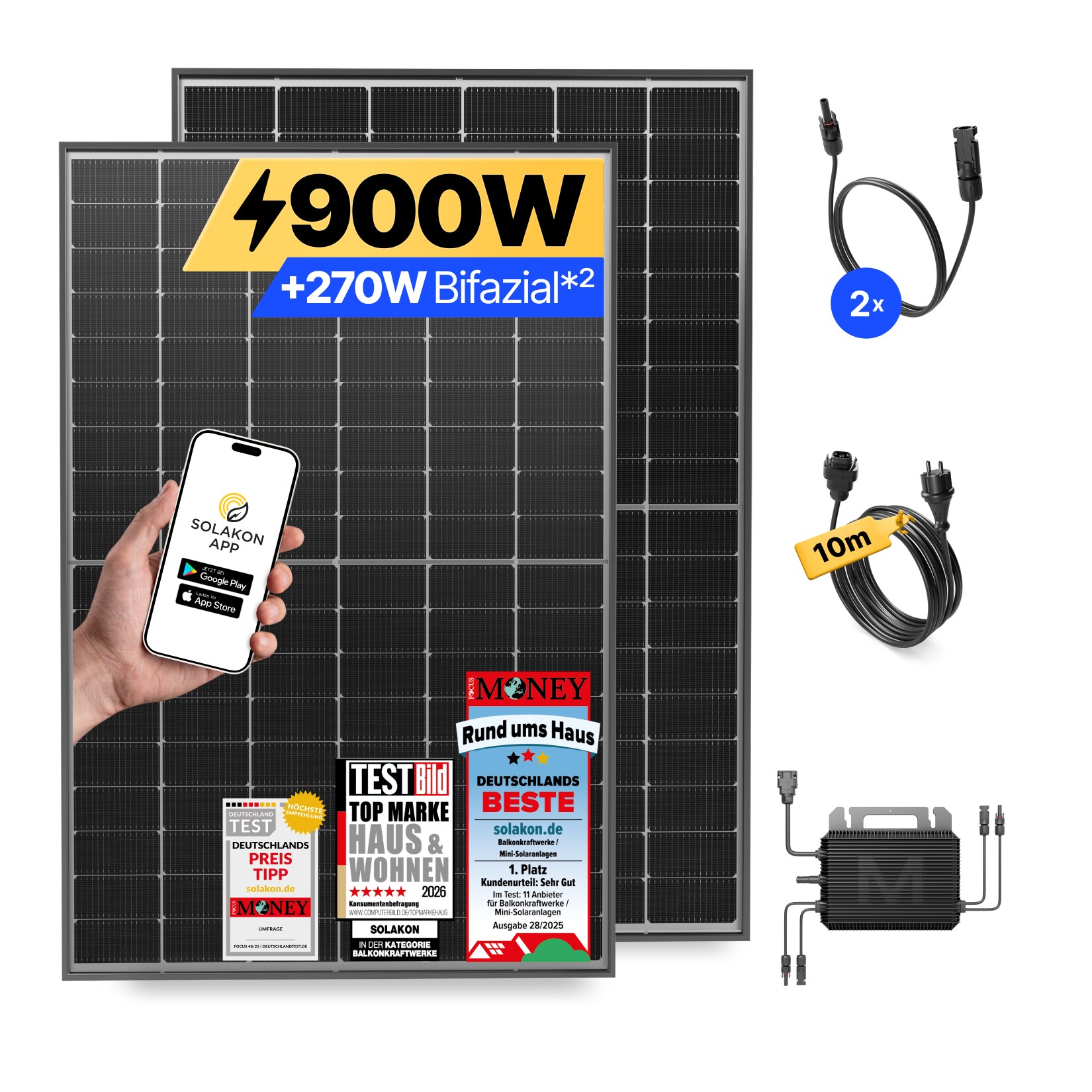 Balkonkraftwerk 900W/800W Solaranlage Steckerfertig WIFI Komplettset Photovoltaik Anlage 800W, Kabellänge: 10m