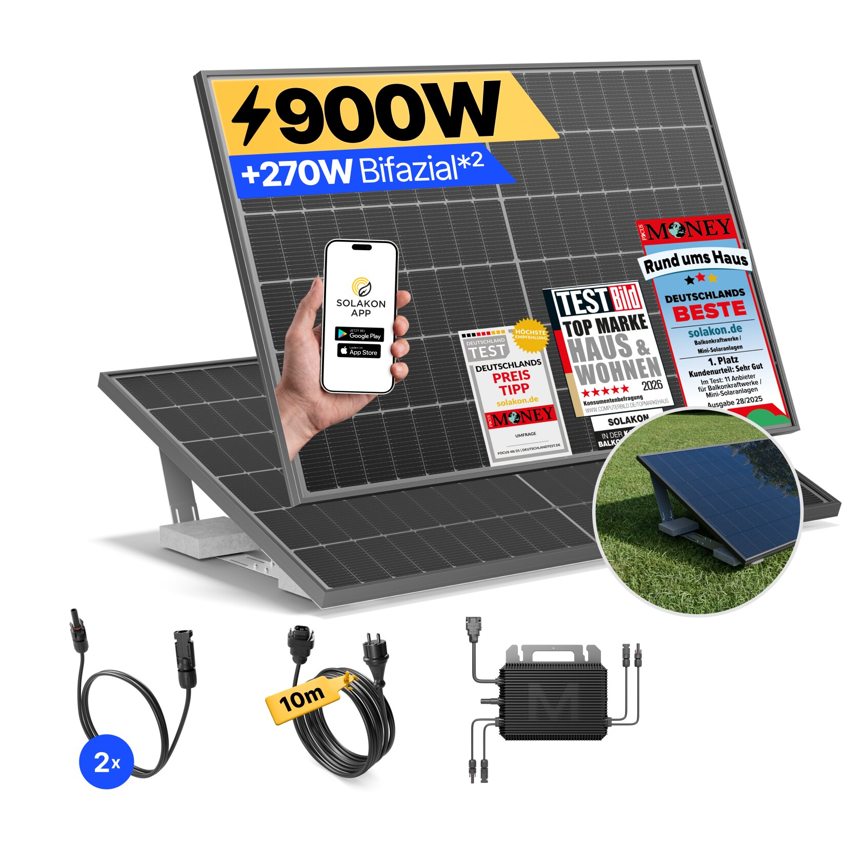 Balkonkraftwerk 900W/800W Solaranlage mit Garten Halterung Steckerfertig WIFI Komplettset Photovoltaik Anlage 800W, Kabellänge: 10m