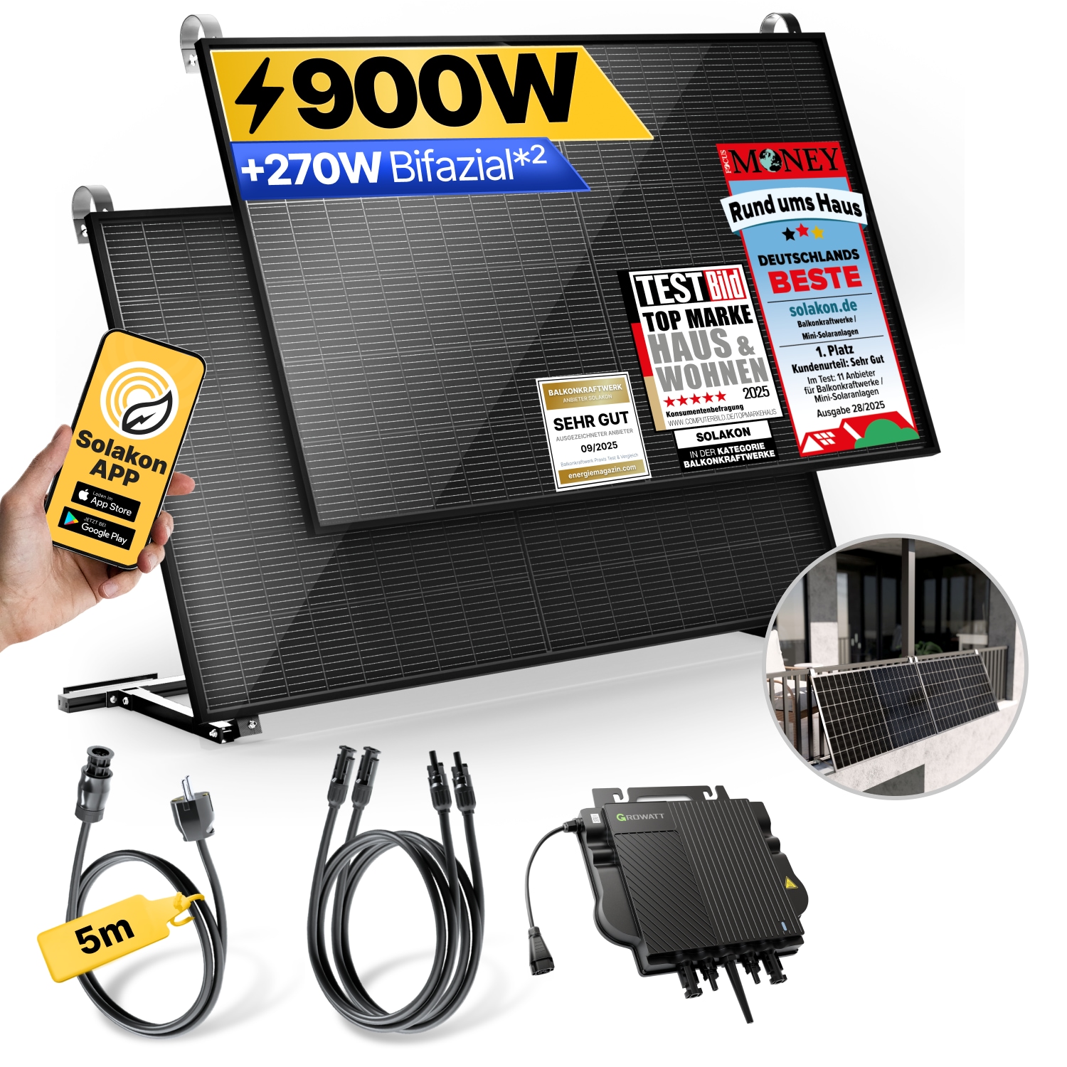 Balkonkraftwerk 900W/800W Solaranlage mit Balkon Halterung Steckerfertig WIFI Komplettset Photovoltaik Anlage 800W, Kabell&auml;nge: 5m 