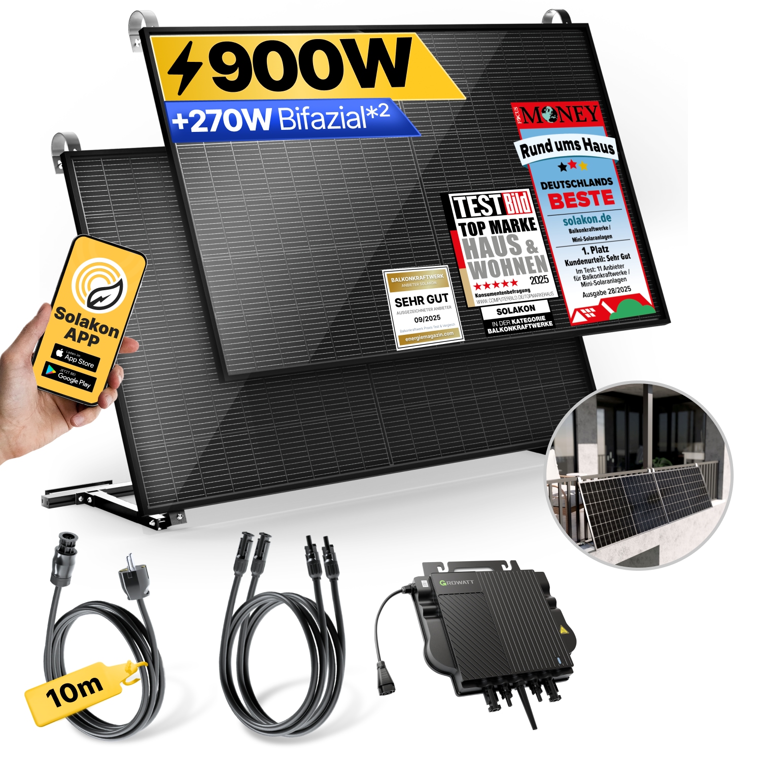 Balkonkraftwerk 900W/800W Solaranlage mit Balkon Halterung Steckerfertig WIFI Komplettset Photovoltaik Anlage 800W, Kabell&auml;nge: 10m 