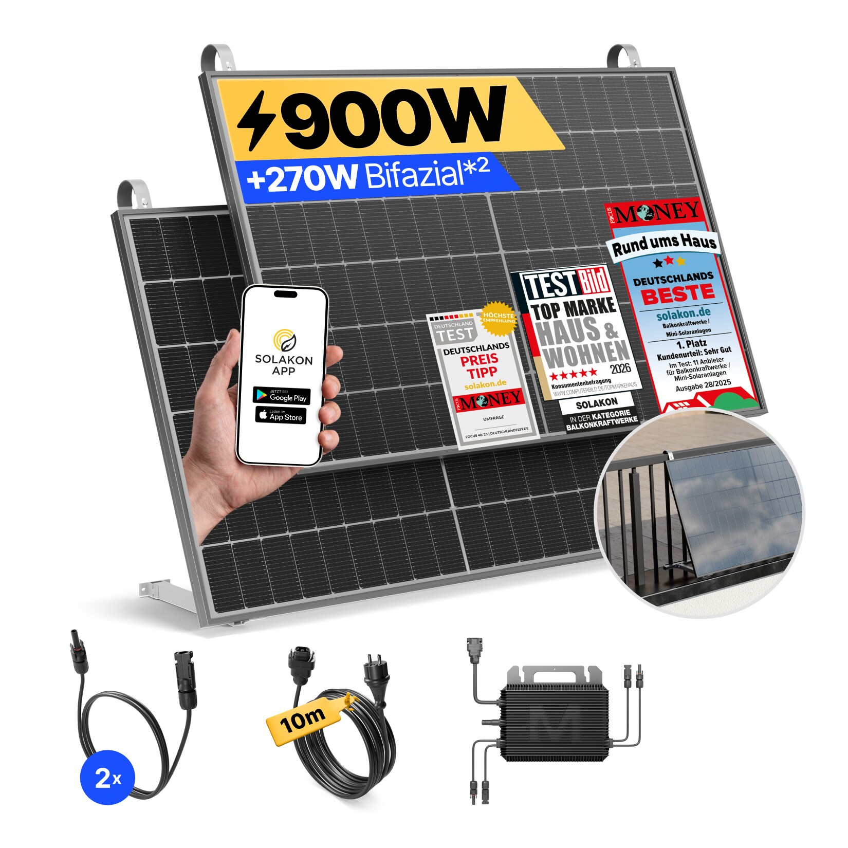 Balkonkraftwerk 900W/800W Solaranlage mit Balkon Halterung Steckerfertig WIFI Komplettset Photovoltaik Anlage 800W, Kabellänge: 10m