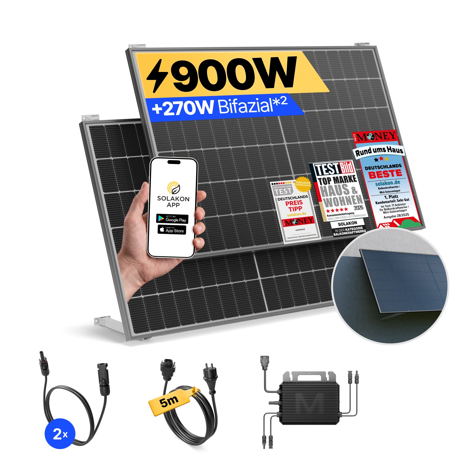 Balkonkraftwerk 900W/800W Solaranlage mit Wand/Gartenhaus Halterung Steckerfertig WIFI Komplettset Photovoltaik Anlage 800W, Kabellänge: 5m