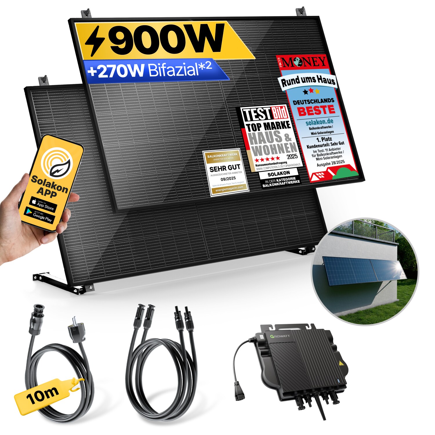 Balkonkraftwerk 900W/800W Solaranlage mit Wand/Gartenhaus Halterung Steckerfertig WIFI Komplettset Photovoltaik Anlage 800W, Kabell&auml;nge: 10m 