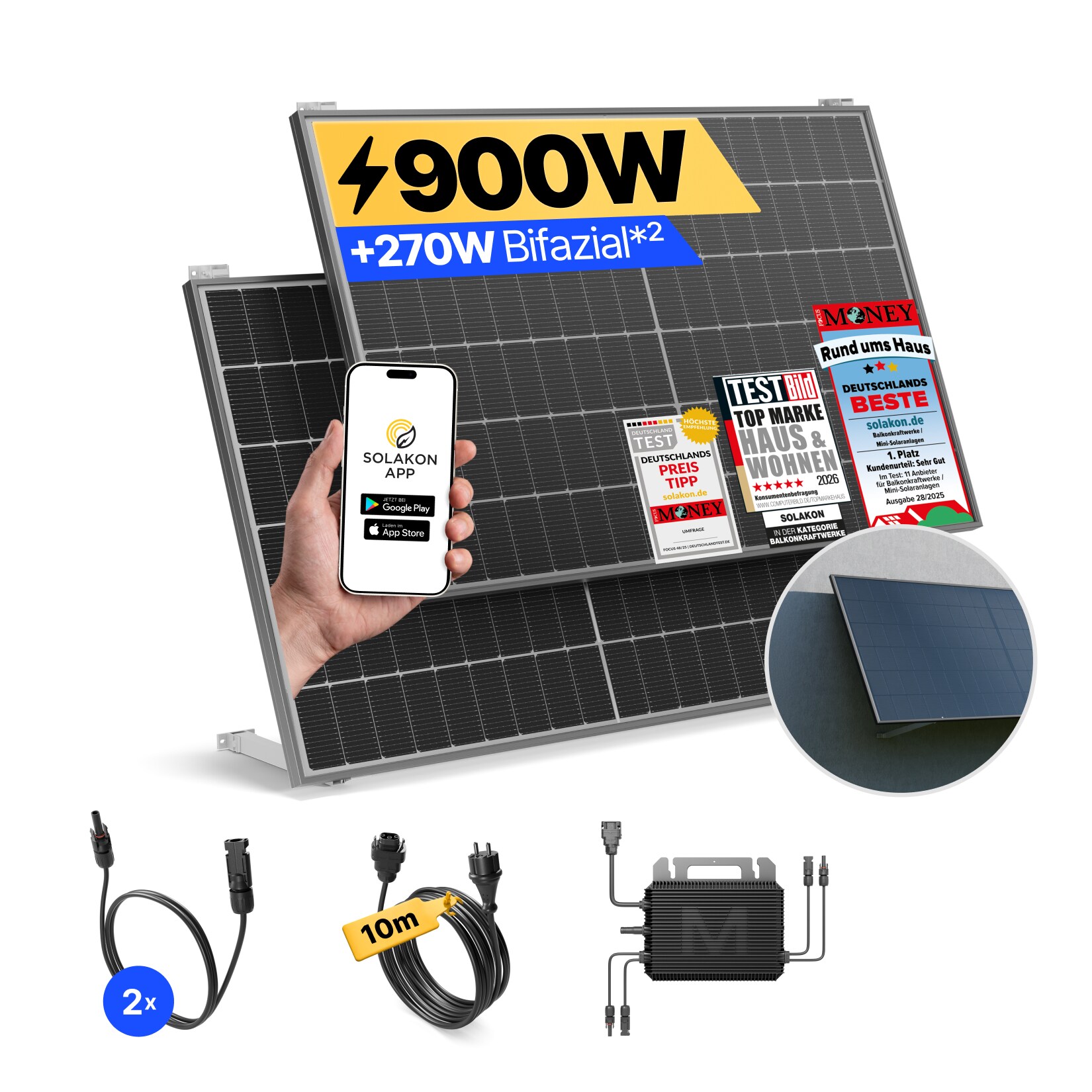 Balkonkraftwerk 900W/800W Solaranlage mit Wand/Gartenhaus Halterung Steckerfertig WIFI Komplettset Photovoltaik Anlage 800W, Kabellänge: 10m